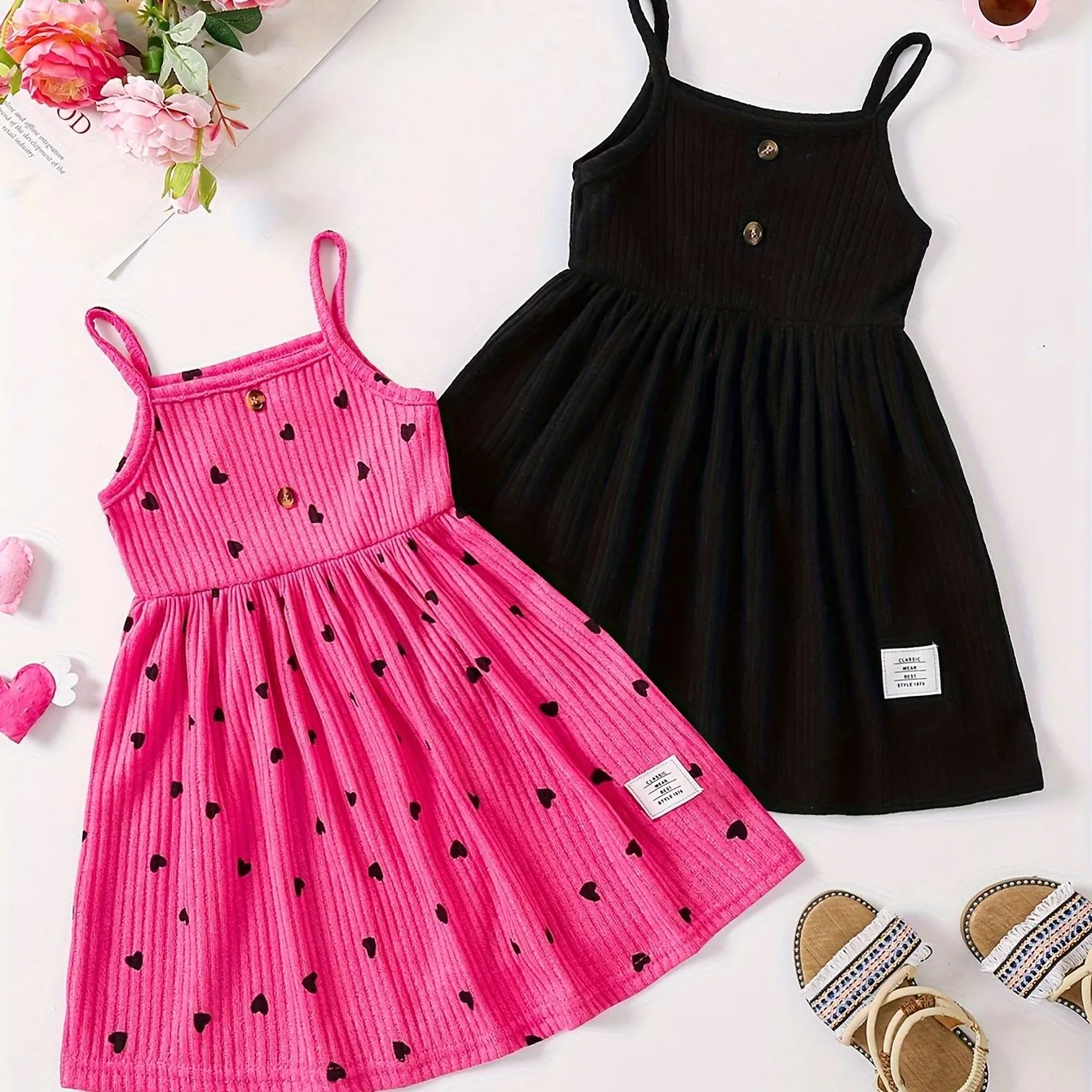 2pcs Girls Sweetheart Cami Dress & Solid Dress Set - Stylish Casual Summer Wear for Parties & Fun - Adorable Heart Prints, Comfortable Fit, Perfect Gift Choice