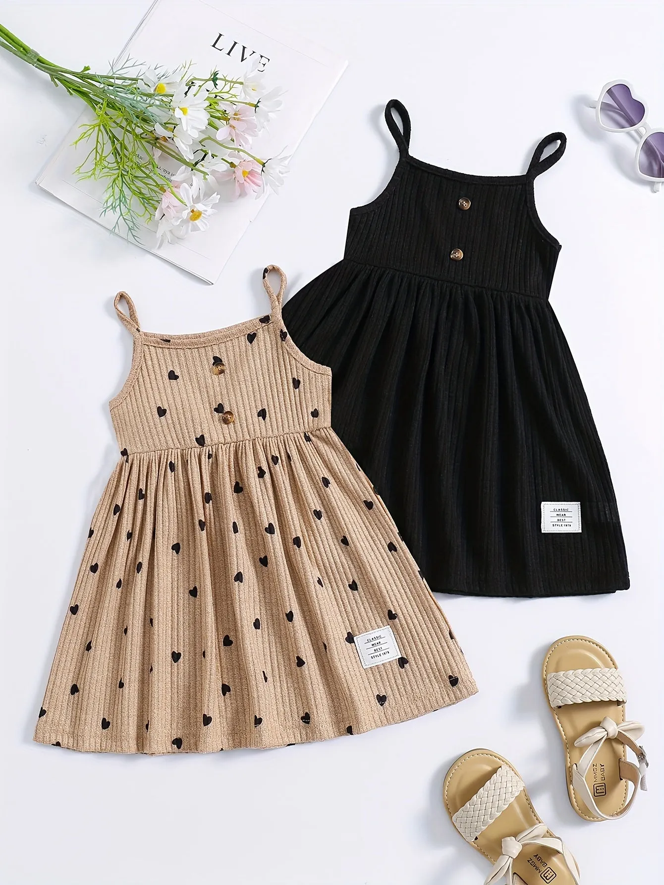 2pcs Girls Sweetheart Cami Dress & Solid Dress Set - Stylish Casual Summer Wear for Parties & Fun - Adorable Heart Prints, Comfortable Fit, Perfect Gift Choice