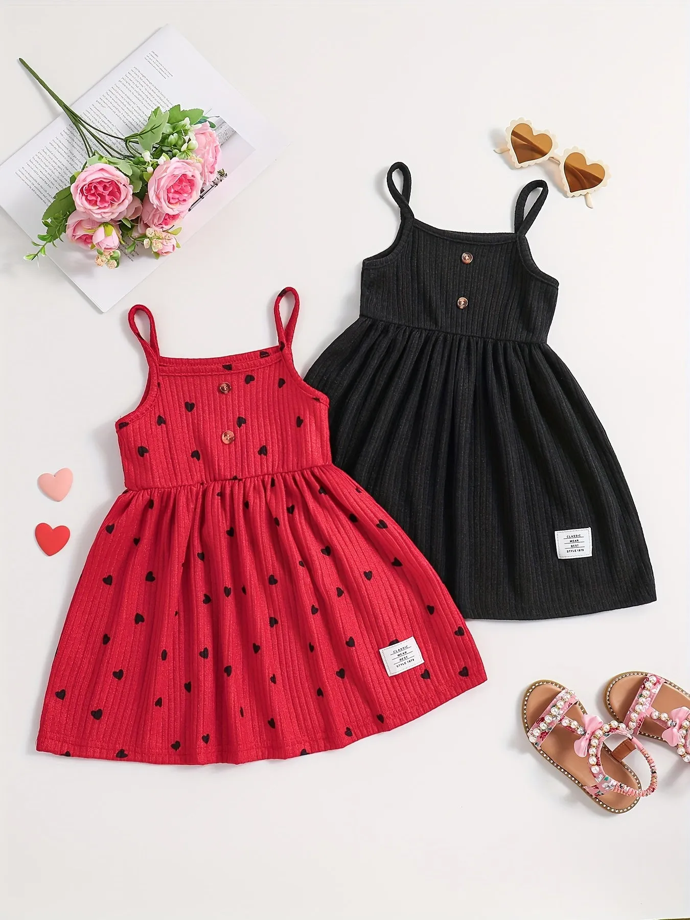2pcs Girls Sweetheart Cami Dress & Solid Dress Set - Stylish Casual Summer Wear for Parties & Fun - Adorable Heart Prints, Comfortable Fit, Perfect Gift Choice