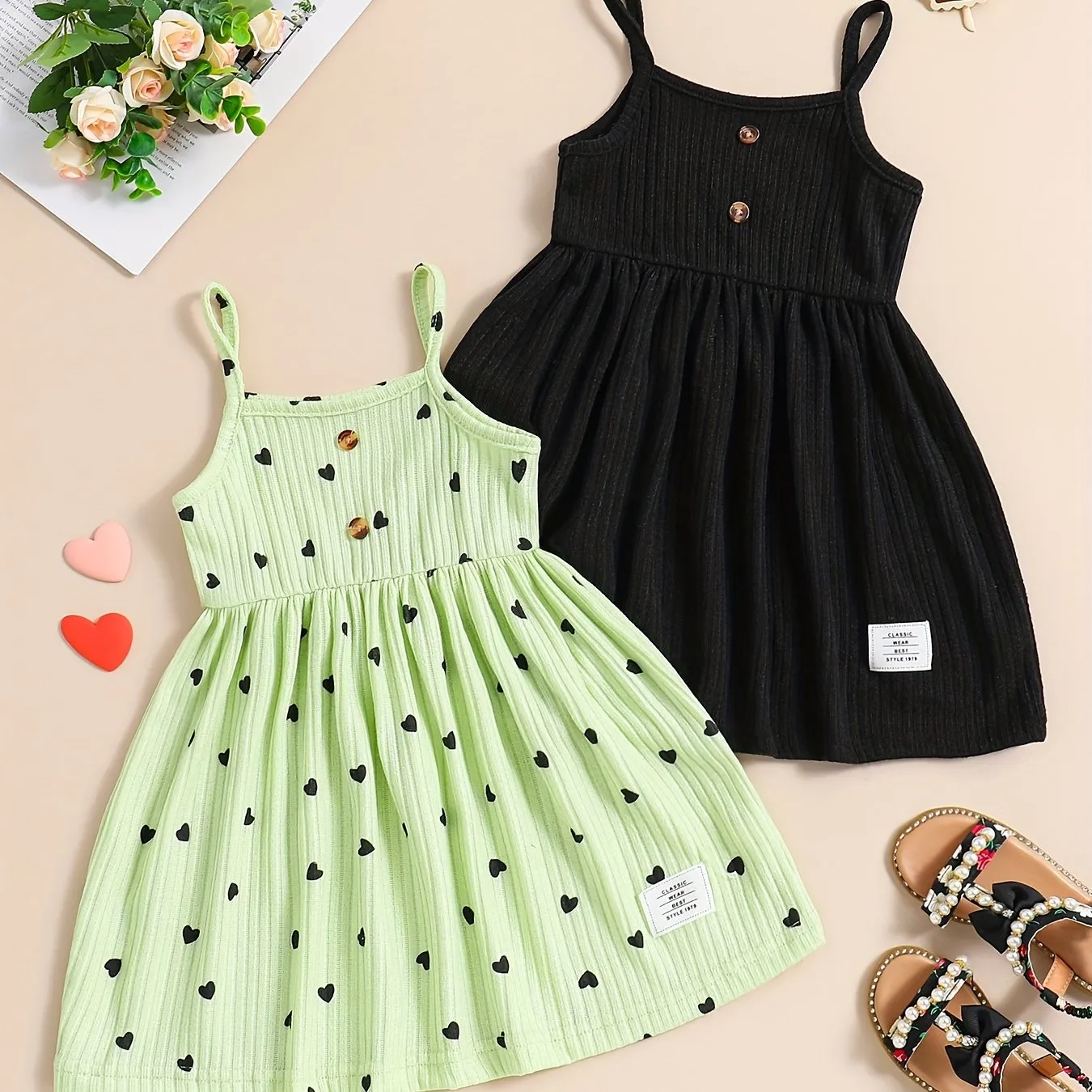 2pcs Girls Sweetheart Cami Dress & Solid Dress Set - Stylish Casual Summer Wear for Parties & Fun - Adorable Heart Prints, Comfortable Fit, Perfect Gift Choice