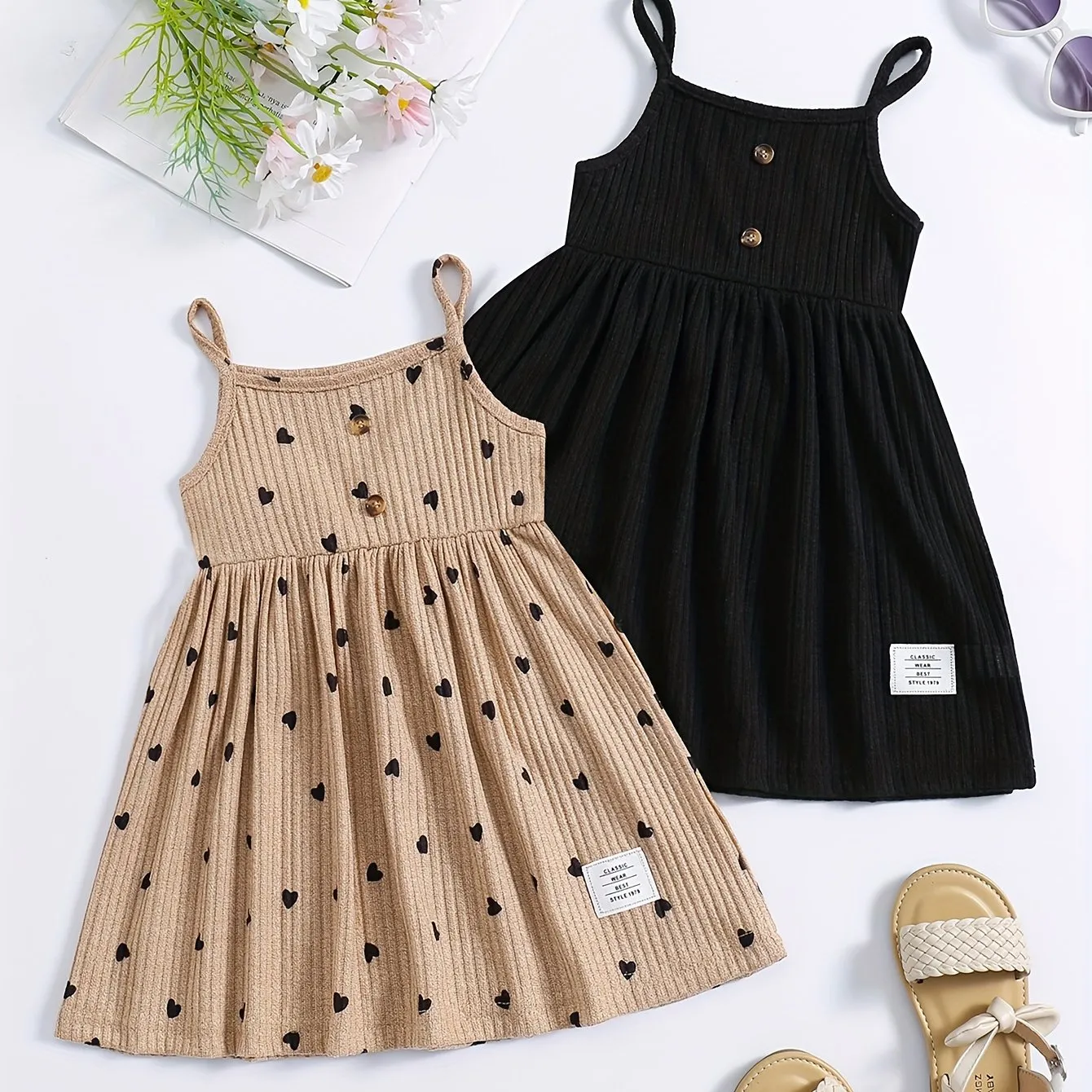 2pcs Girls Sweetheart Cami Dress & Solid Dress Set - Stylish Casual Summer Wear for Parties & Fun - Adorable Heart Prints, Comfortable Fit, Perfect Gift Choice