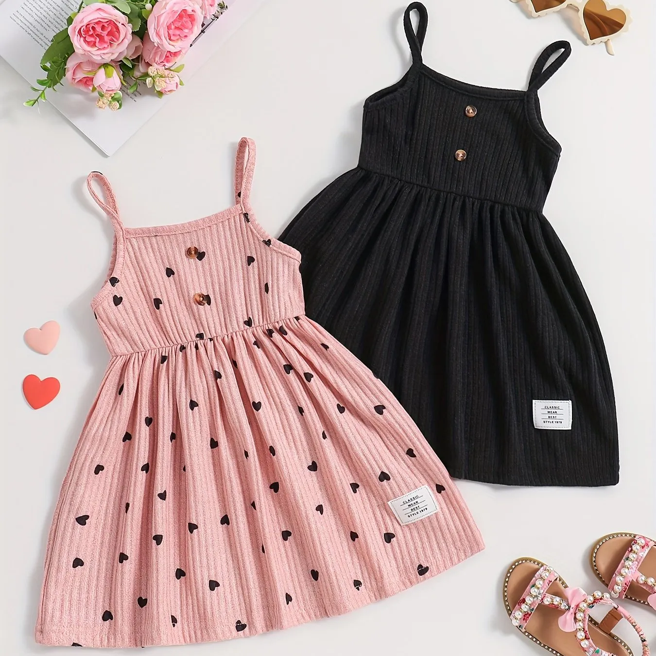 2pcs Girls Sweetheart Cami Dress & Solid Dress Set - Stylish Casual Summer Wear for Parties & Fun - Adorable Heart Prints, Comfortable Fit, Perfect Gift Choice