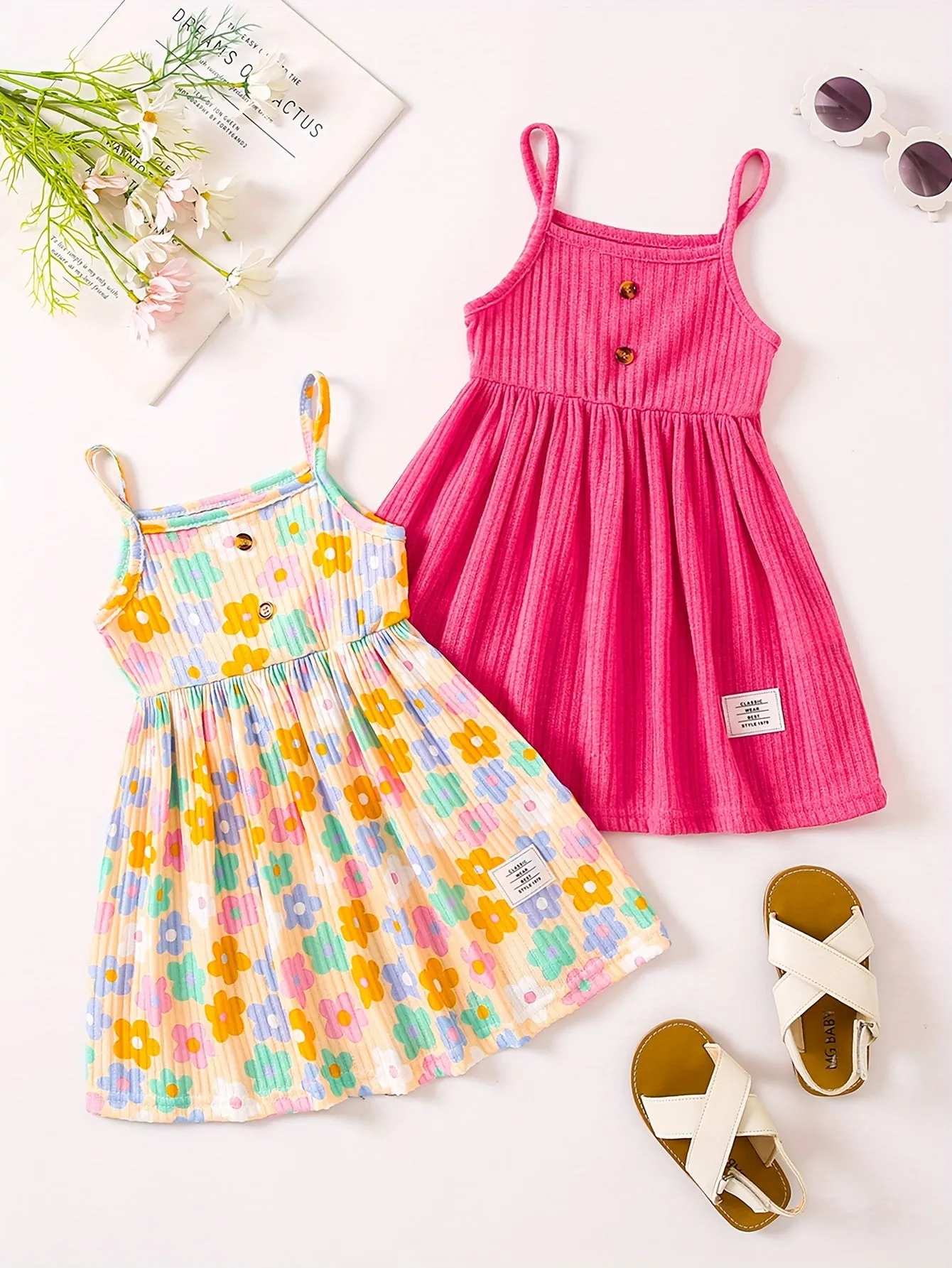 2pcs Girls Sweetheart Cami Dress & Solid Dress Set - Stylish Casual Summer Wear for Parties & Fun - Adorable Heart Prints, Comfortable Fit, Perfect Gift Choice