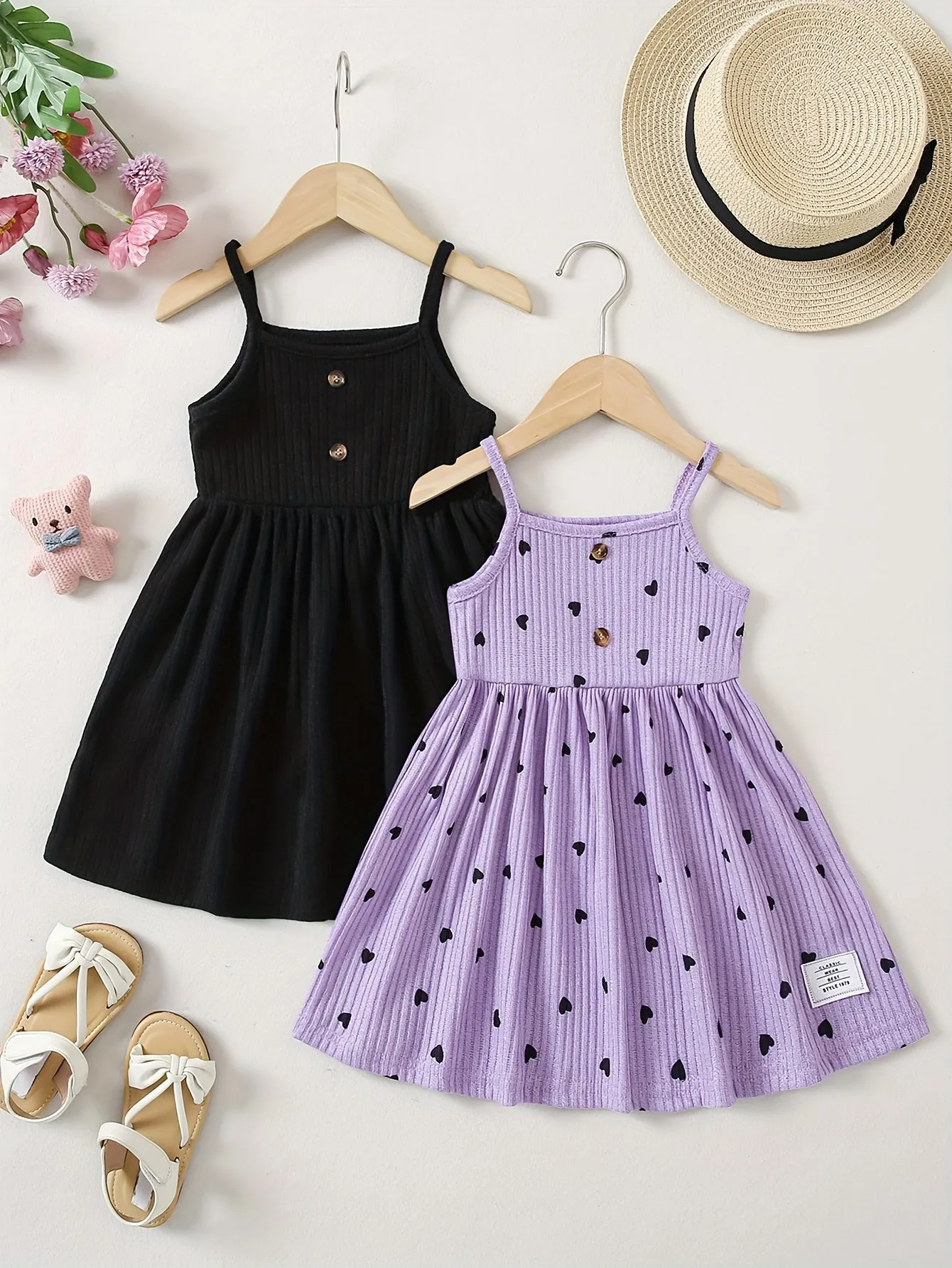 2pcs Girls Sweetheart Cami Dress & Solid Dress Set - Stylish Casual Summer Wear for Parties & Fun - Adorable Heart Prints, Comfortable Fit, Perfect Gift Choice