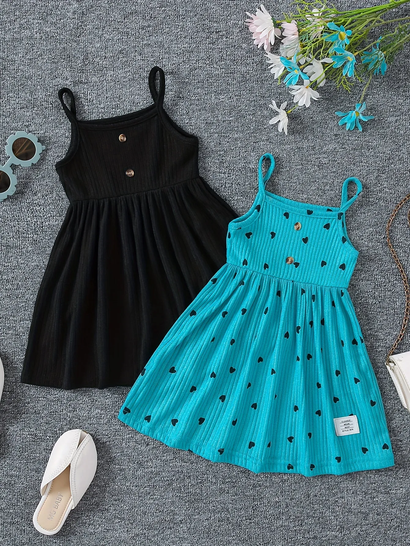 2pcs Girls Sweetheart Cami Dress & Solid Dress Set - Stylish Casual Summer Wear for Parties & Fun - Adorable Heart Prints, Comfortable Fit, Perfect Gift Choice