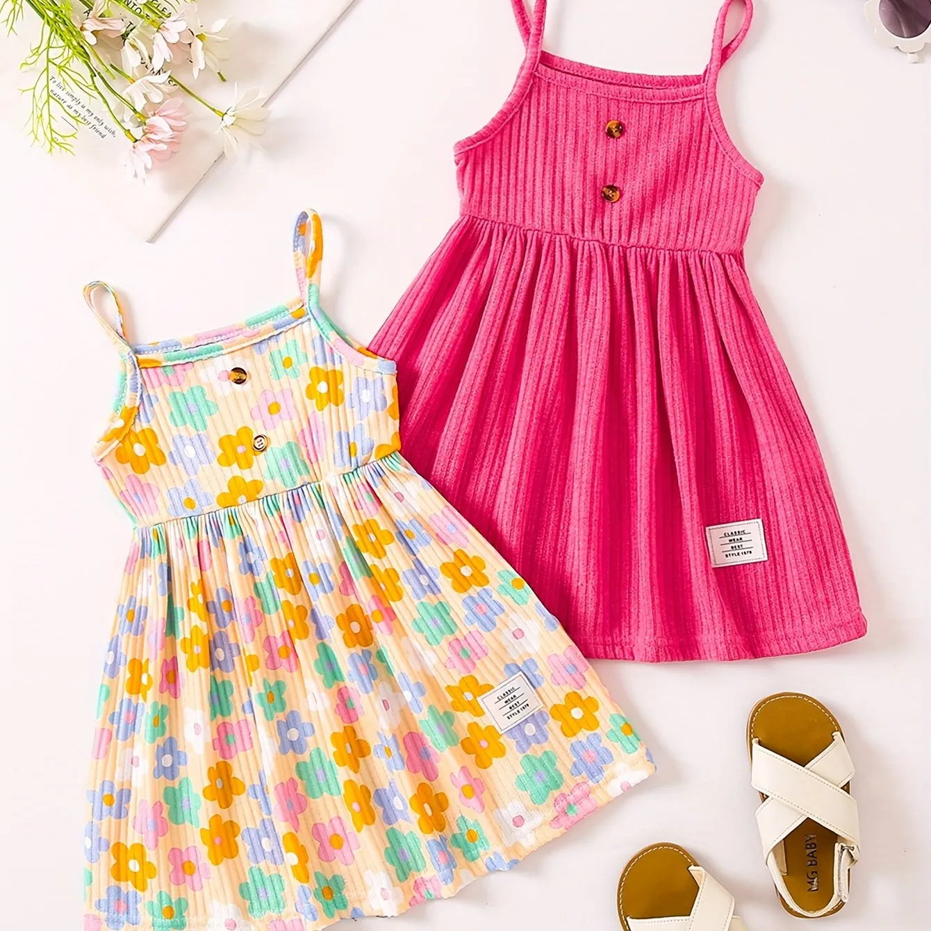2pcs Girls Sweetheart Cami Dress & Solid Dress Set - Stylish Casual Summer Wear for Parties & Fun - Adorable Heart Prints, Comfortable Fit, Perfect Gift Choice