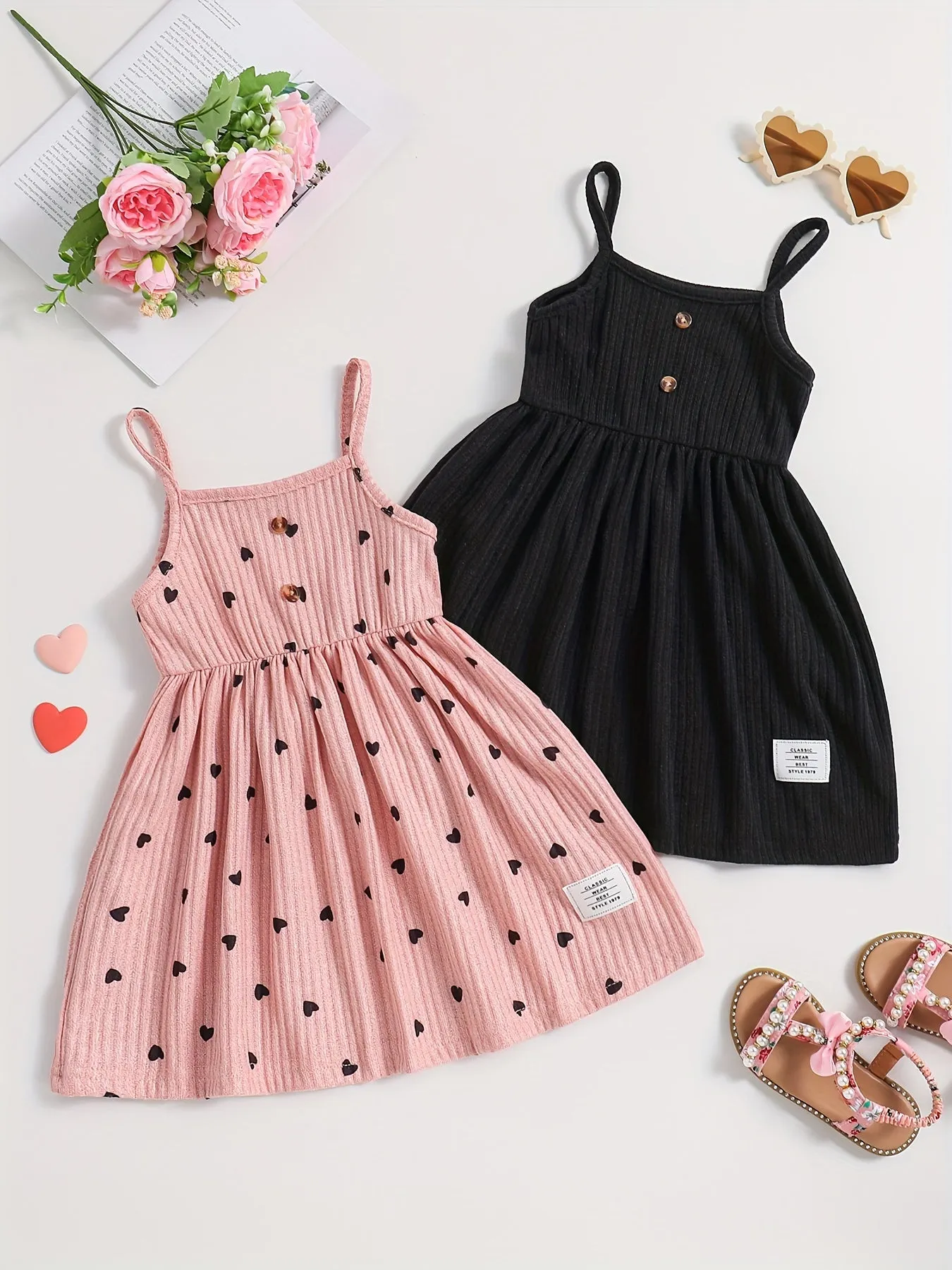 2pcs Girls Sweetheart Cami Dress & Solid Dress Set - Stylish Casual Summer Wear for Parties & Fun - Adorable Heart Prints, Comfortable Fit, Perfect Gift Choice