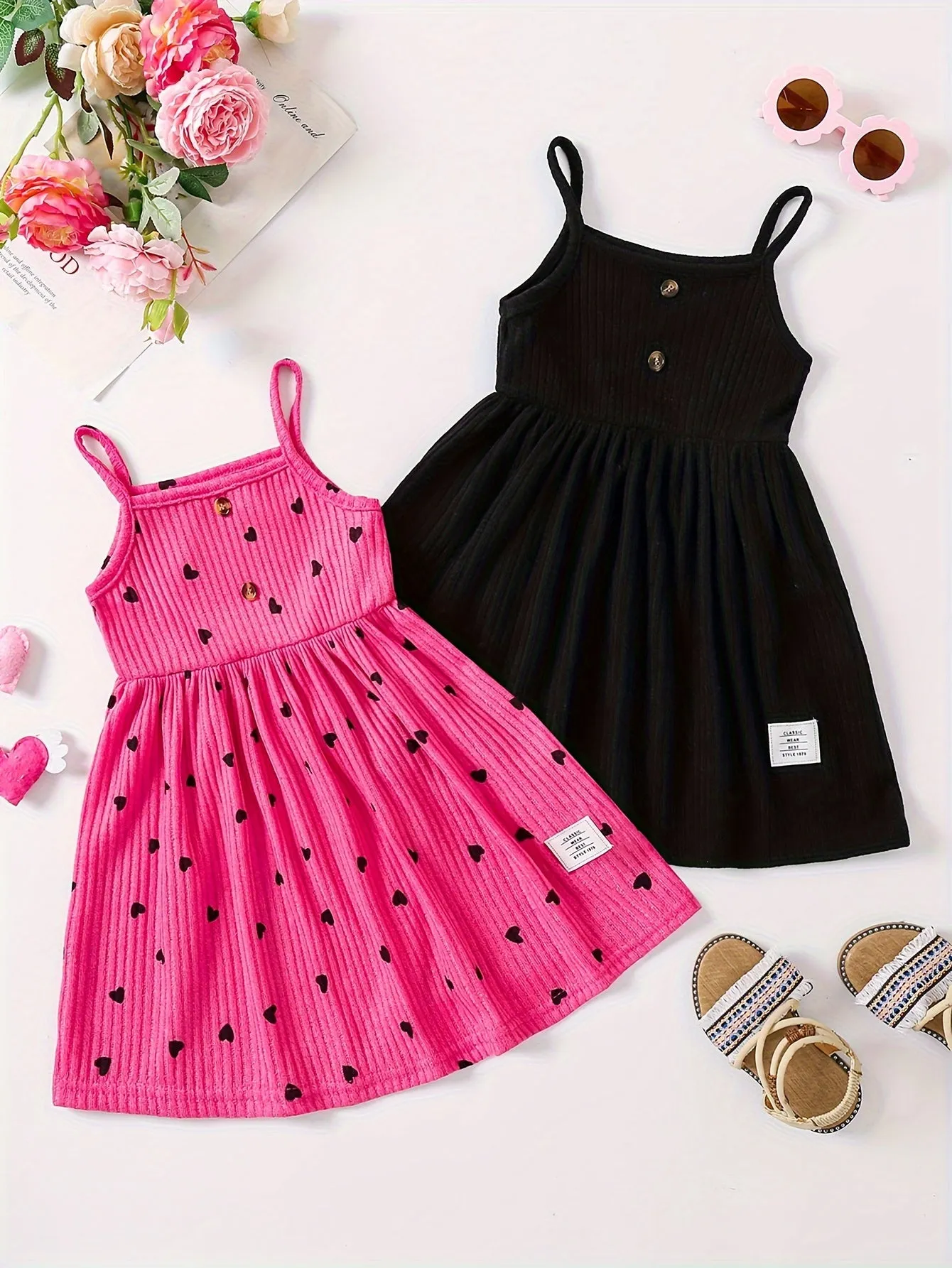 2pcs Girls Sweetheart Cami Dress & Solid Dress Set - Stylish Casual Summer Wear for Parties & Fun - Adorable Heart Prints, Comfortable Fit, Perfect Gift Choice