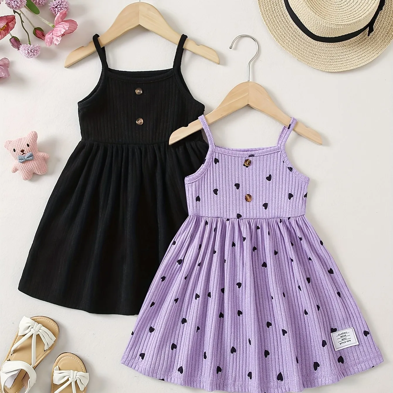 2pcs Girls Sweetheart Cami Dress & Solid Dress Set - Stylish Casual Summer Wear for Parties & Fun - Adorable Heart Prints, Comfortable Fit, Perfect Gift Choice