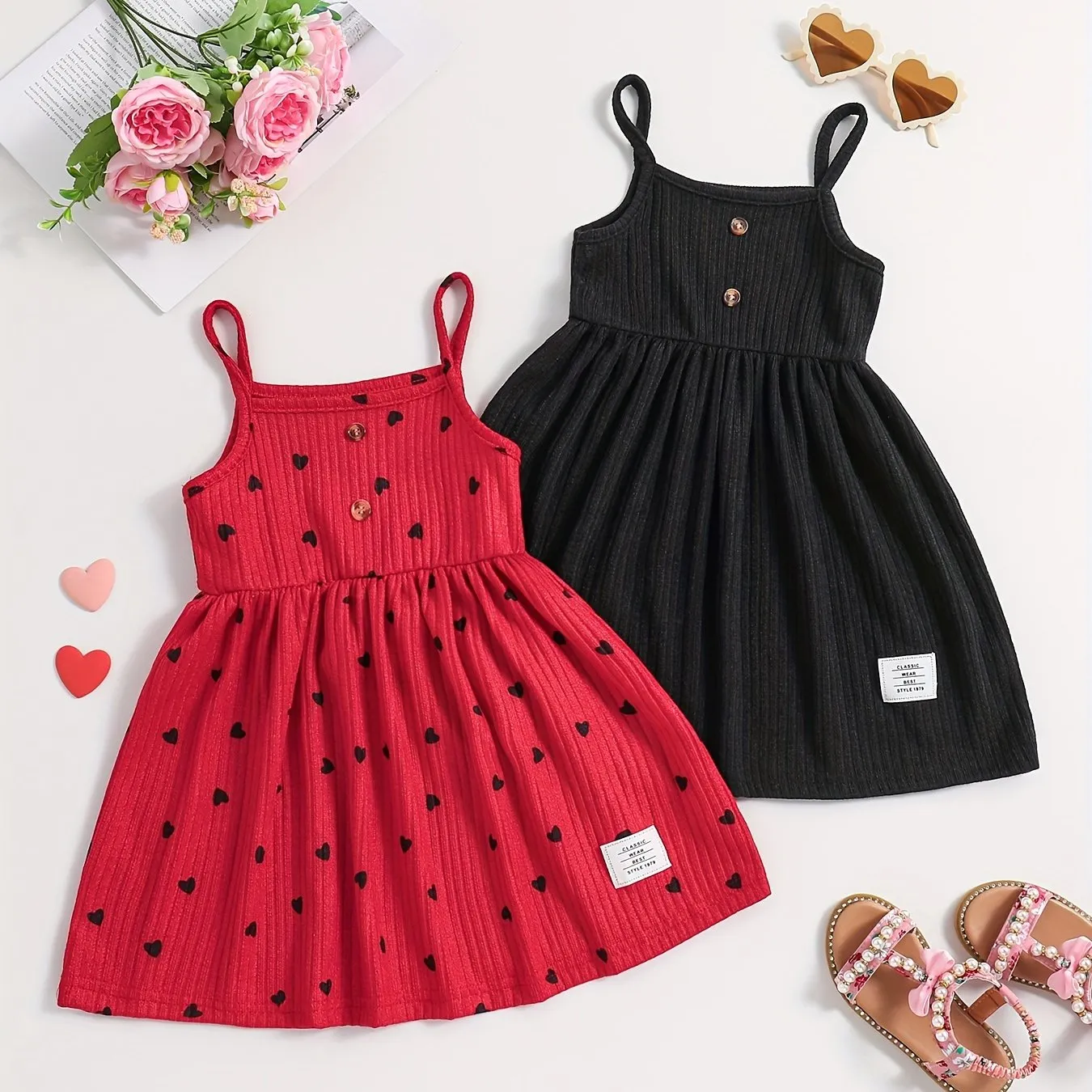 2pcs Girls Sweetheart Cami Dress & Solid Dress Set - Stylish Casual Summer Wear for Parties & Fun - Adorable Heart Prints, Comfortable Fit, Perfect Gift Choice