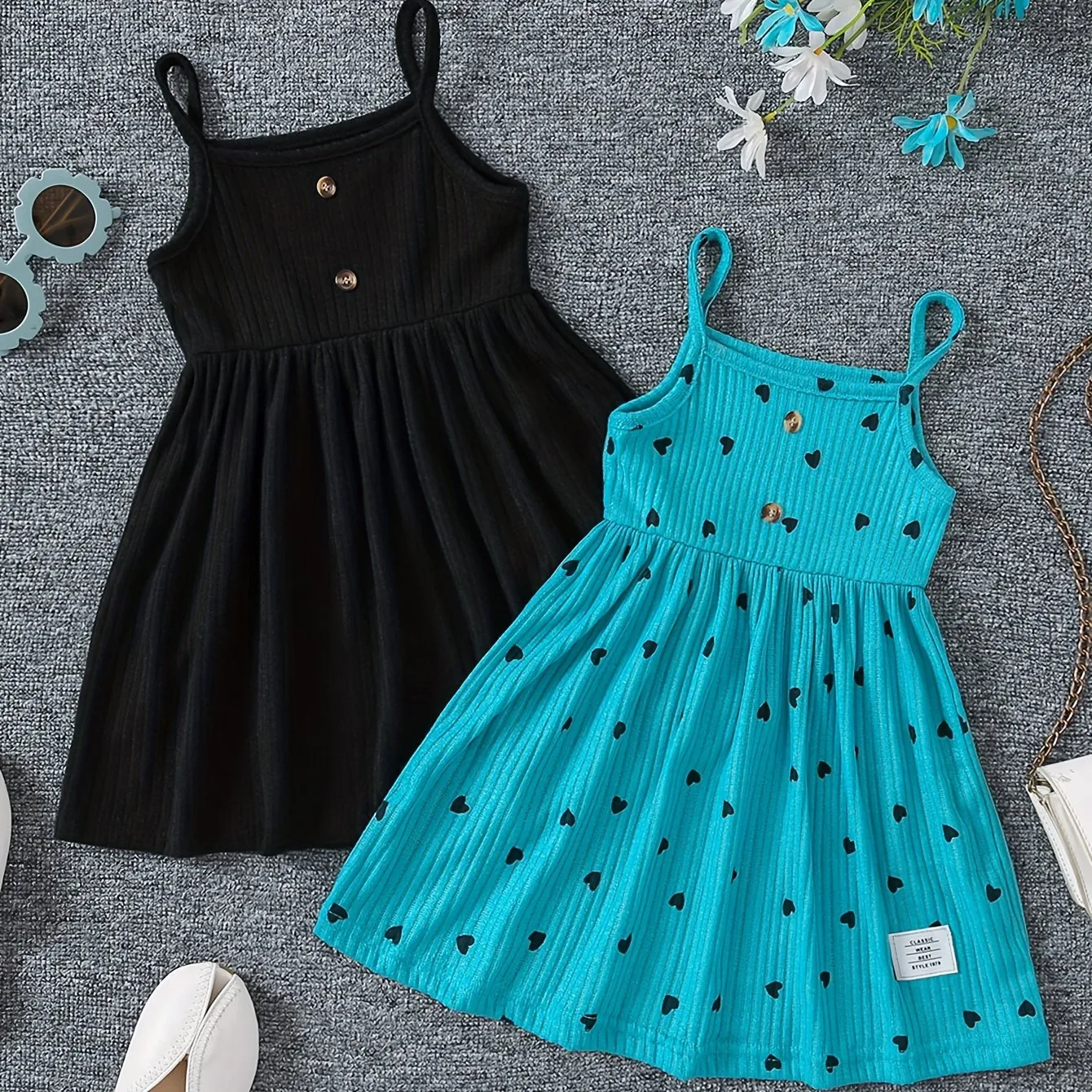 2pcs Girls Sweetheart Cami Dress & Solid Dress Set - Stylish Casual Summer Wear for Parties & Fun - Adorable Heart Prints, Comfortable Fit, Perfect Gift Choice