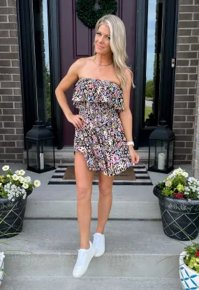 Addison Strapless Floral Flounce Romper: Black