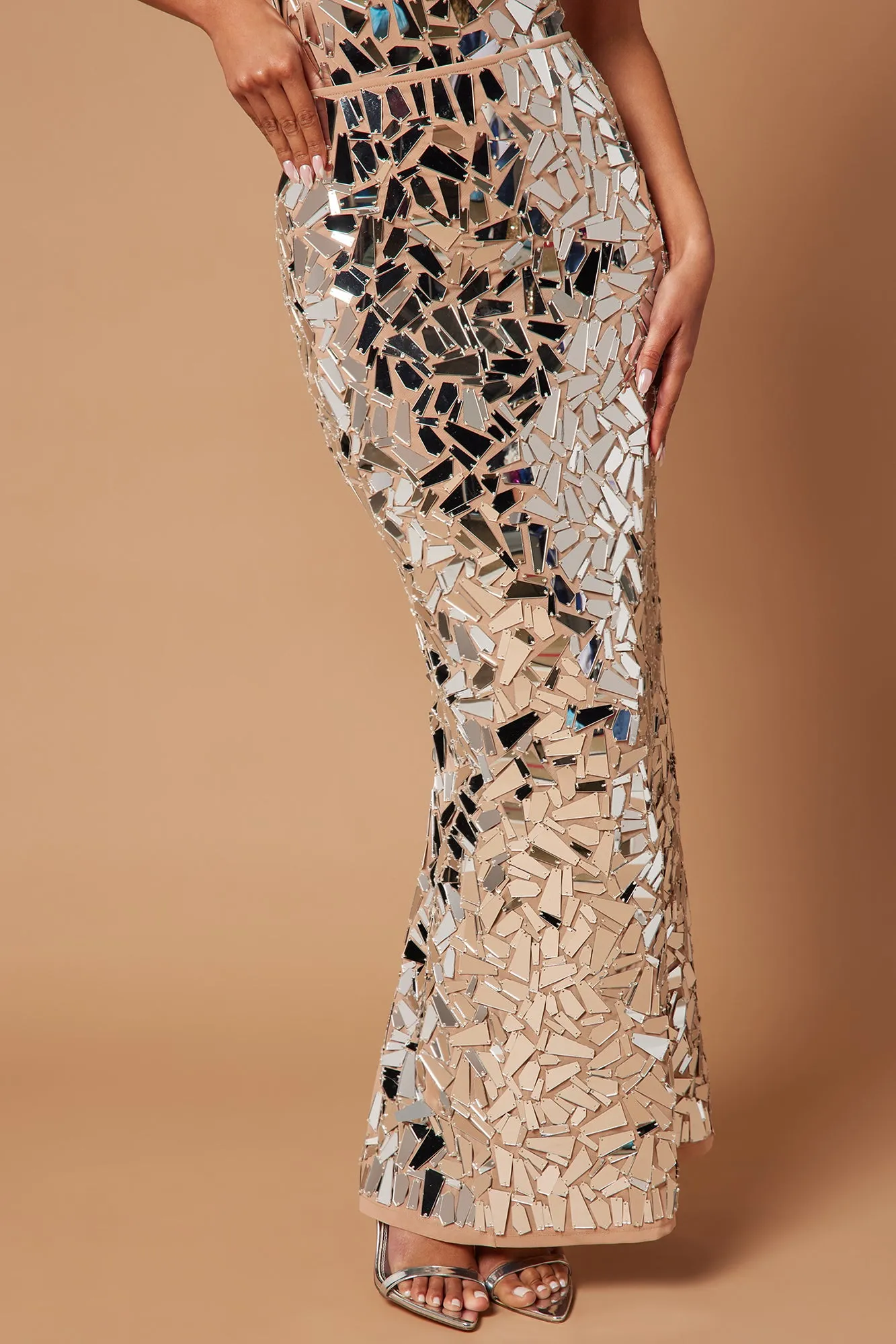 Adela Mirror Maxi Skirt - Nude