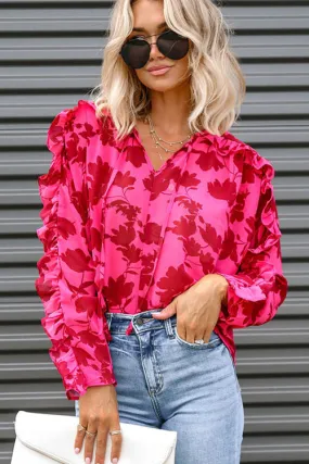 Always In Mind Pink Ruffled Print Long Sleeve Top