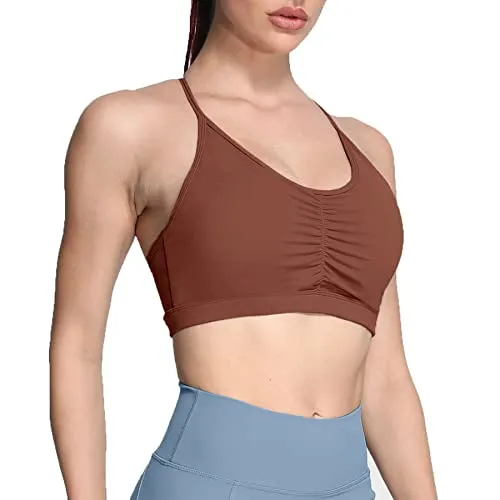 Aoxjox Sports Bras for Women Workout Fitness Ruched Training Baddie Cross Back Yoga Crop Tank Top (Dandelion Brown, Medium)