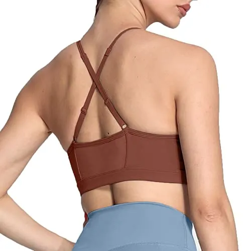 Aoxjox Sports Bras for Women Workout Fitness Ruched Training Baddie Cross Back Yoga Crop Tank Top (Dandelion Brown, Medium)