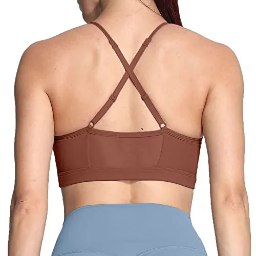 Aoxjox Sports Bras for Women Workout Fitness Ruched Training Baddie Cross Back Yoga Crop Tank Top (Dandelion Brown, Medium)