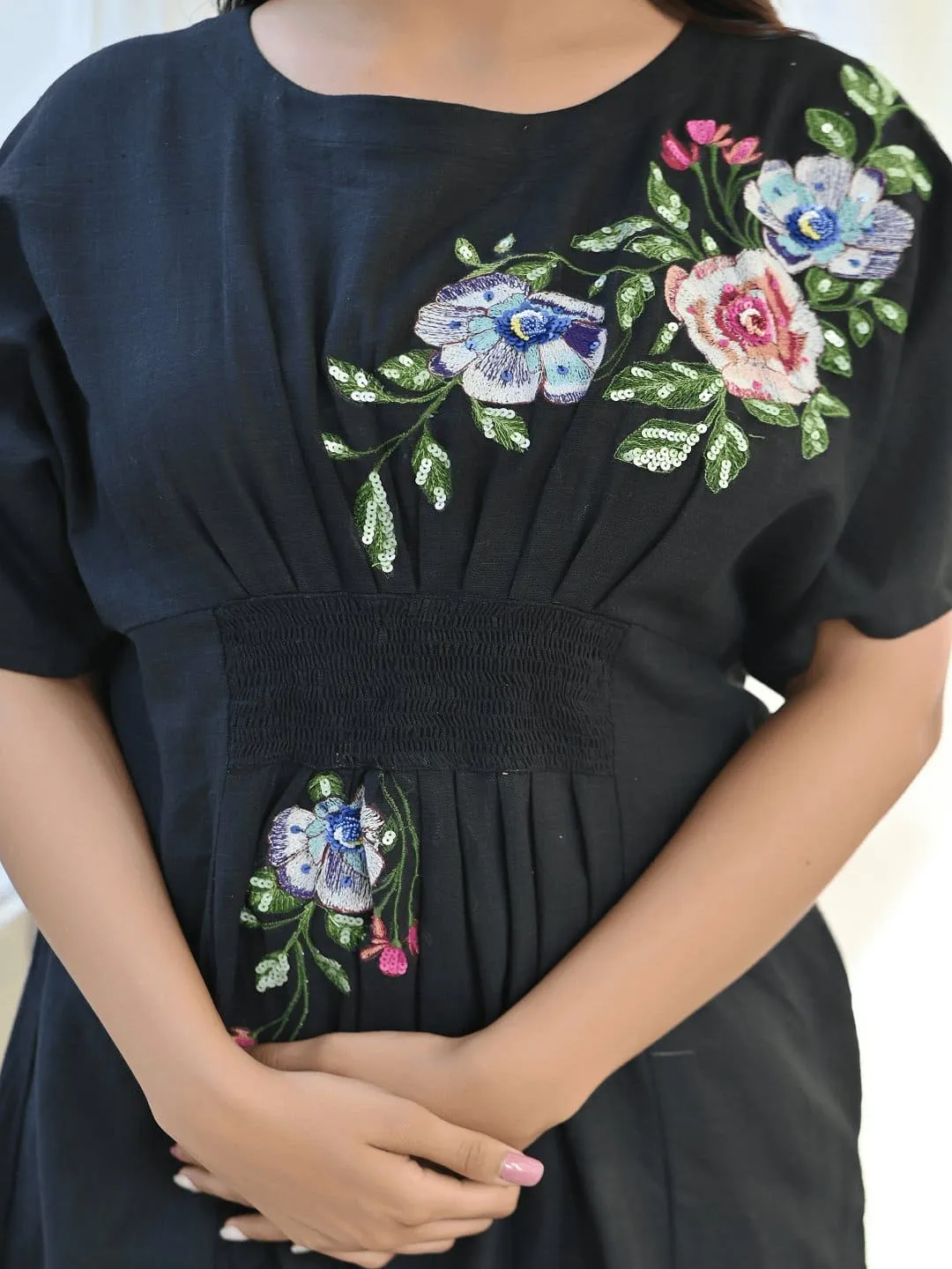 Black Bold Flower & Sequin Kaftaan Dress