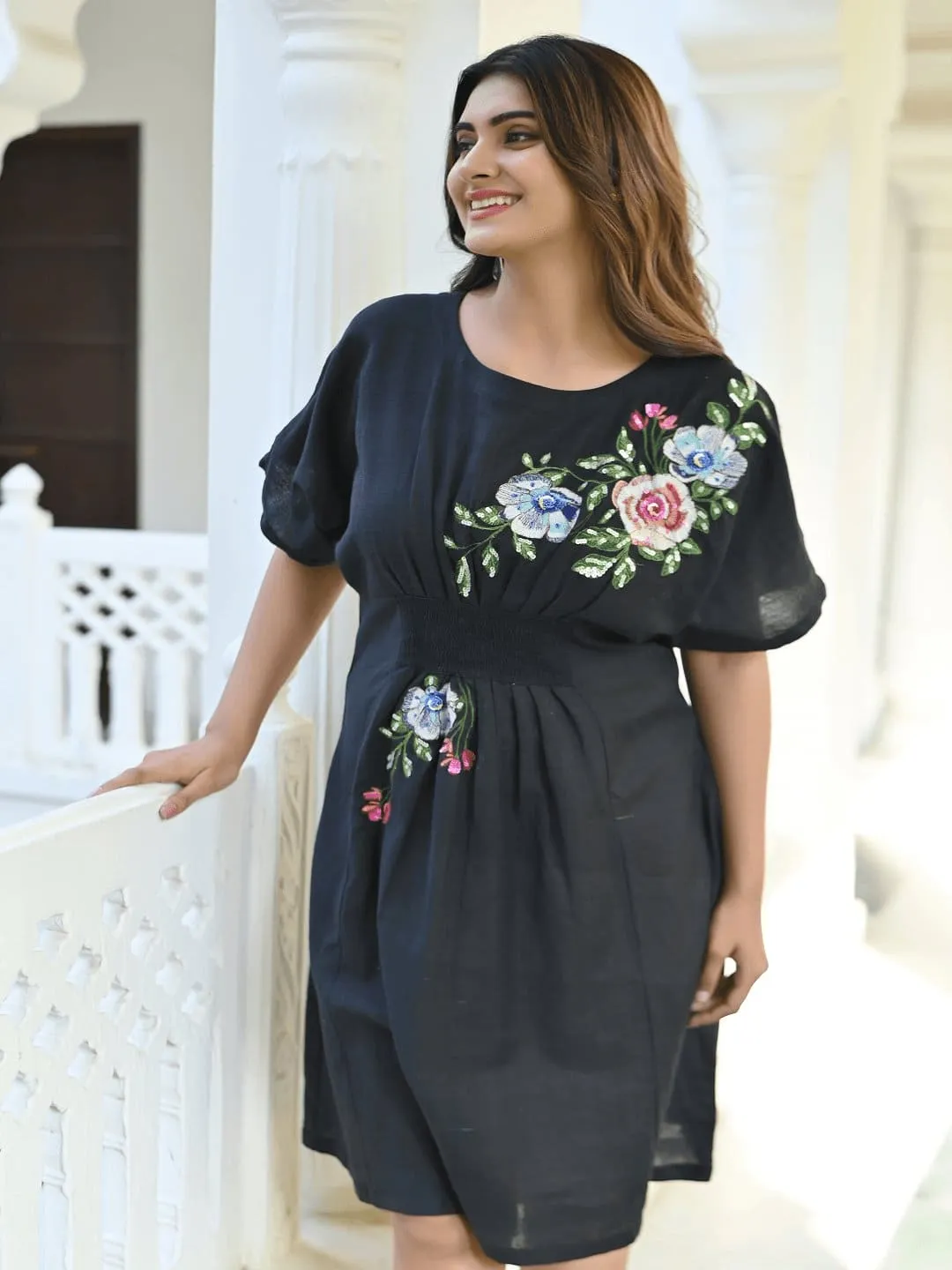 Black Bold Flower & Sequin Kaftaan Dress