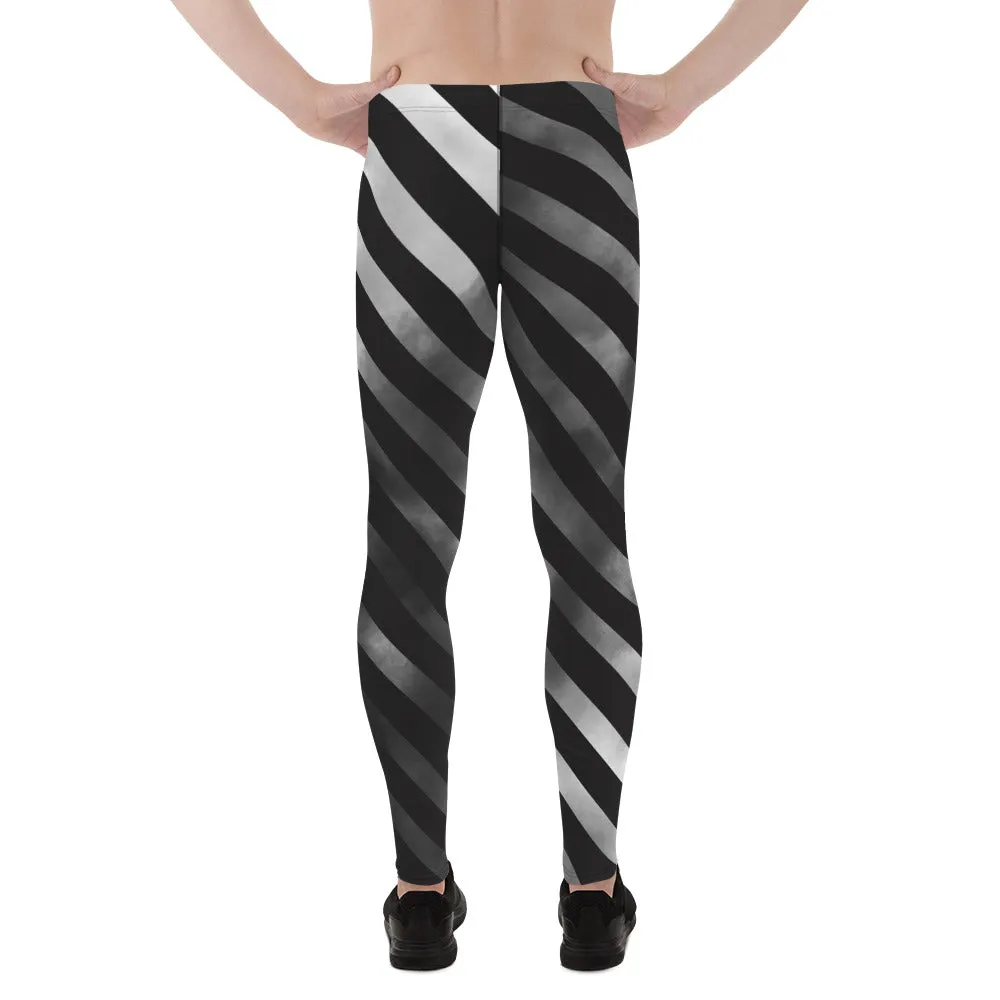 Black Diagonally Striped Meggings, Grey Ombre Tie Dye Men's Leggings Meggings Compression Tights - Made in USA/EU/USA