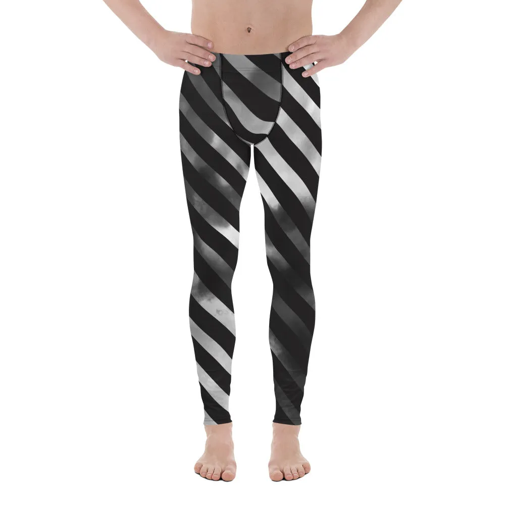 Black Diagonally Striped Meggings, Grey Ombre Tie Dye Men's Leggings Meggings Compression Tights - Made in USA/EU/USA