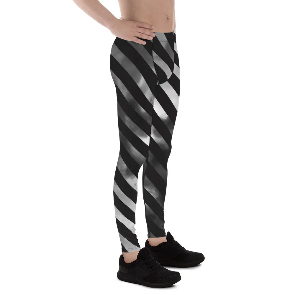Black Diagonally Striped Meggings, Grey Ombre Tie Dye Men's Leggings Meggings Compression Tights - Made in USA/EU/USA