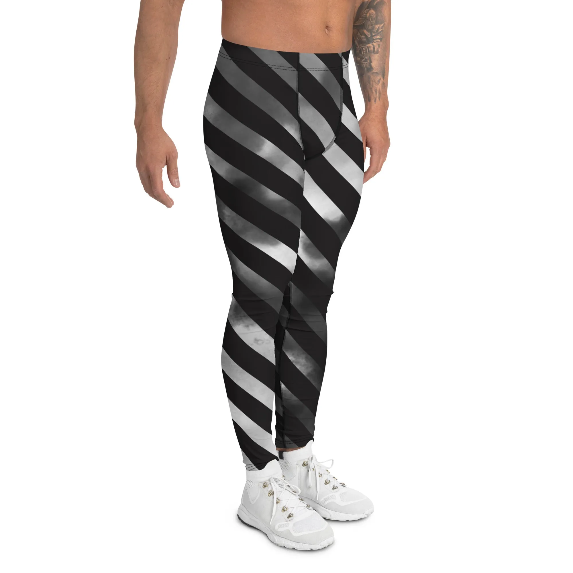 Black Diagonally Striped Meggings, Grey Ombre Tie Dye Men's Leggings Meggings Compression Tights - Made in USA/EU/USA