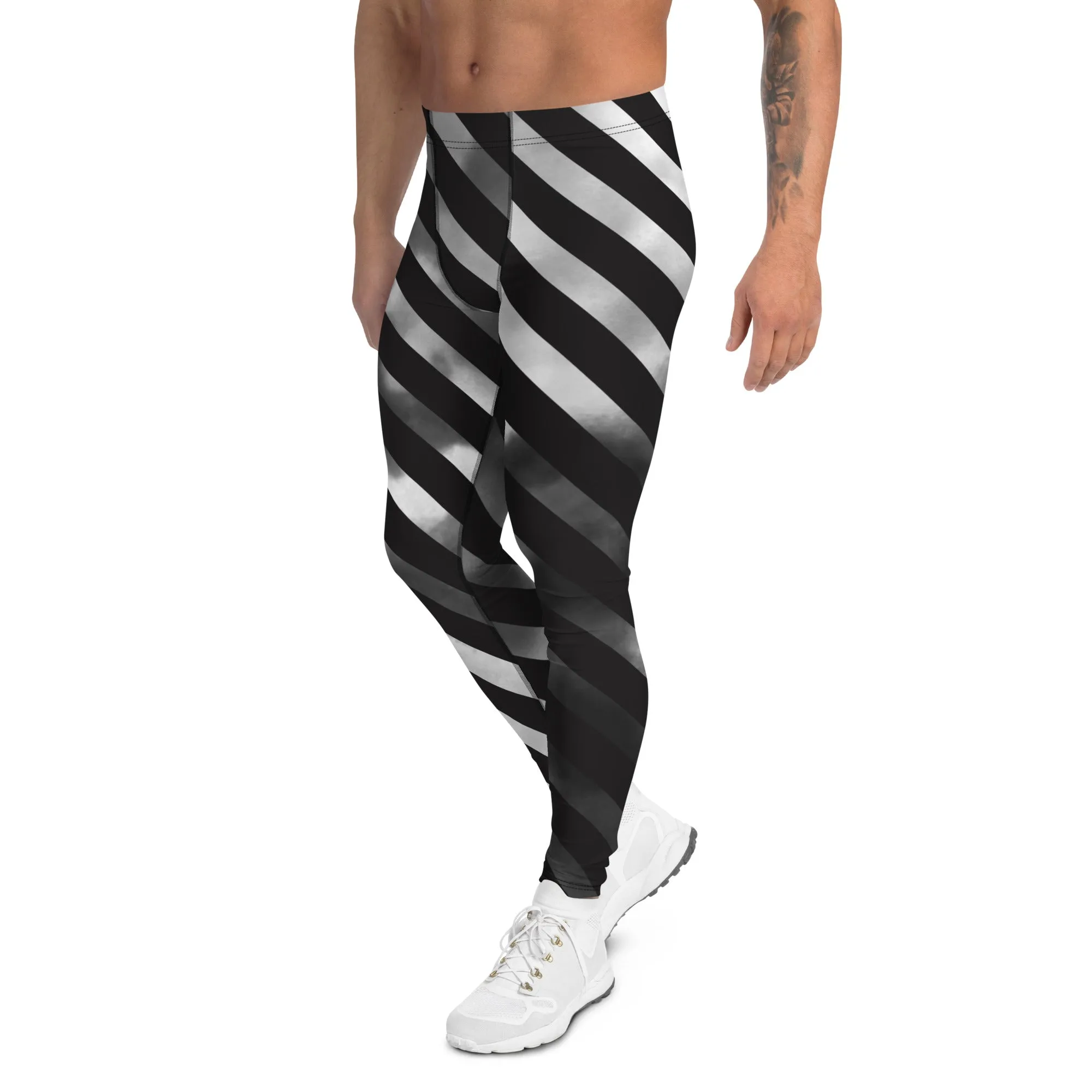 Black Diagonally Striped Meggings, Grey Ombre Tie Dye Men's Leggings Meggings Compression Tights - Made in USA/EU/USA