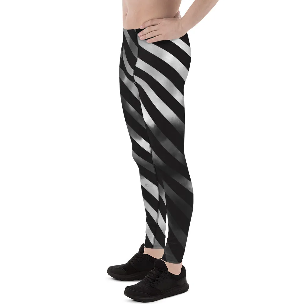 Black Diagonally Striped Meggings, Grey Ombre Tie Dye Men's Leggings Meggings Compression Tights - Made in USA/EU/USA