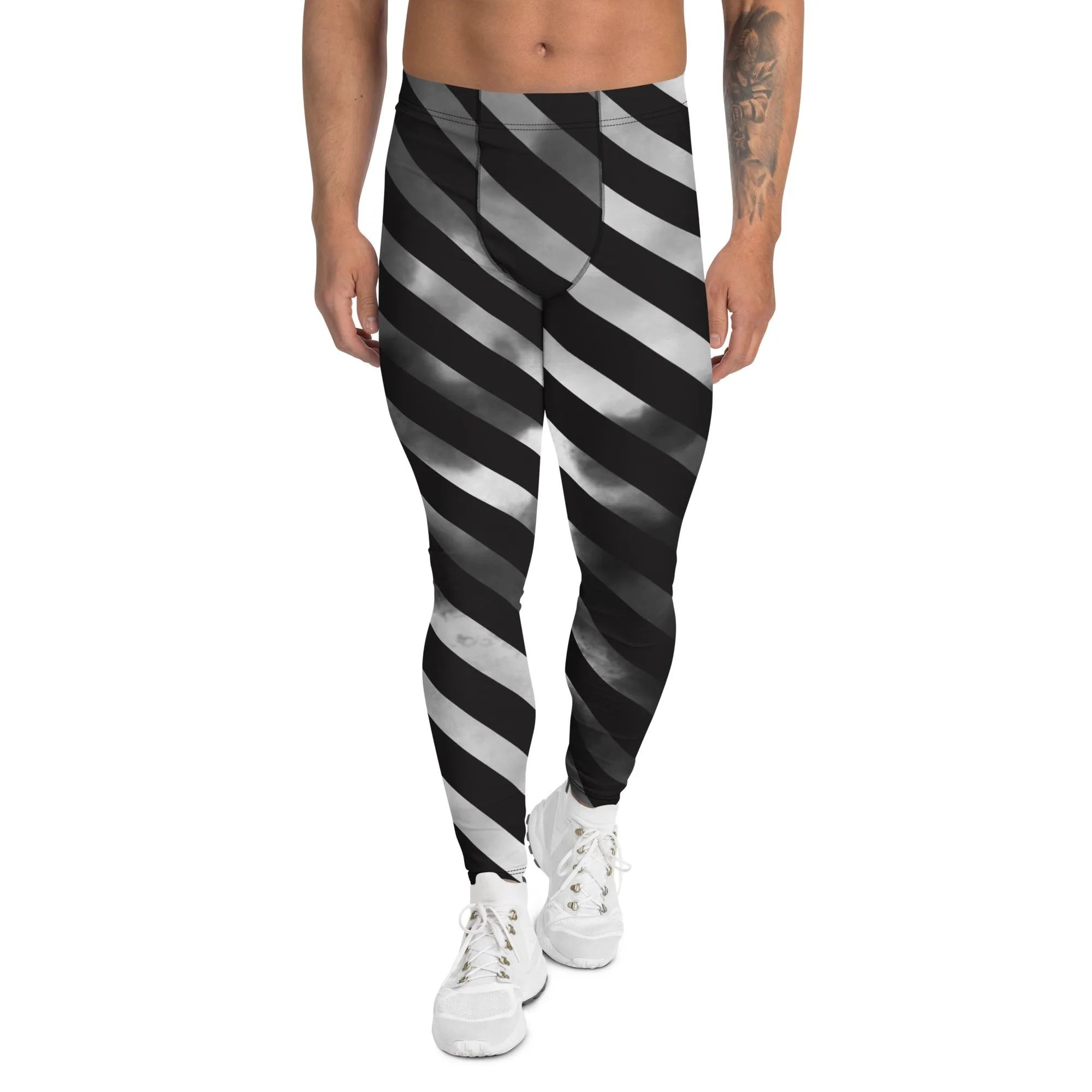 Black Diagonally Striped Meggings, Grey Ombre Tie Dye Men's Leggings Meggings Compression Tights - Made in USA/EU/USA