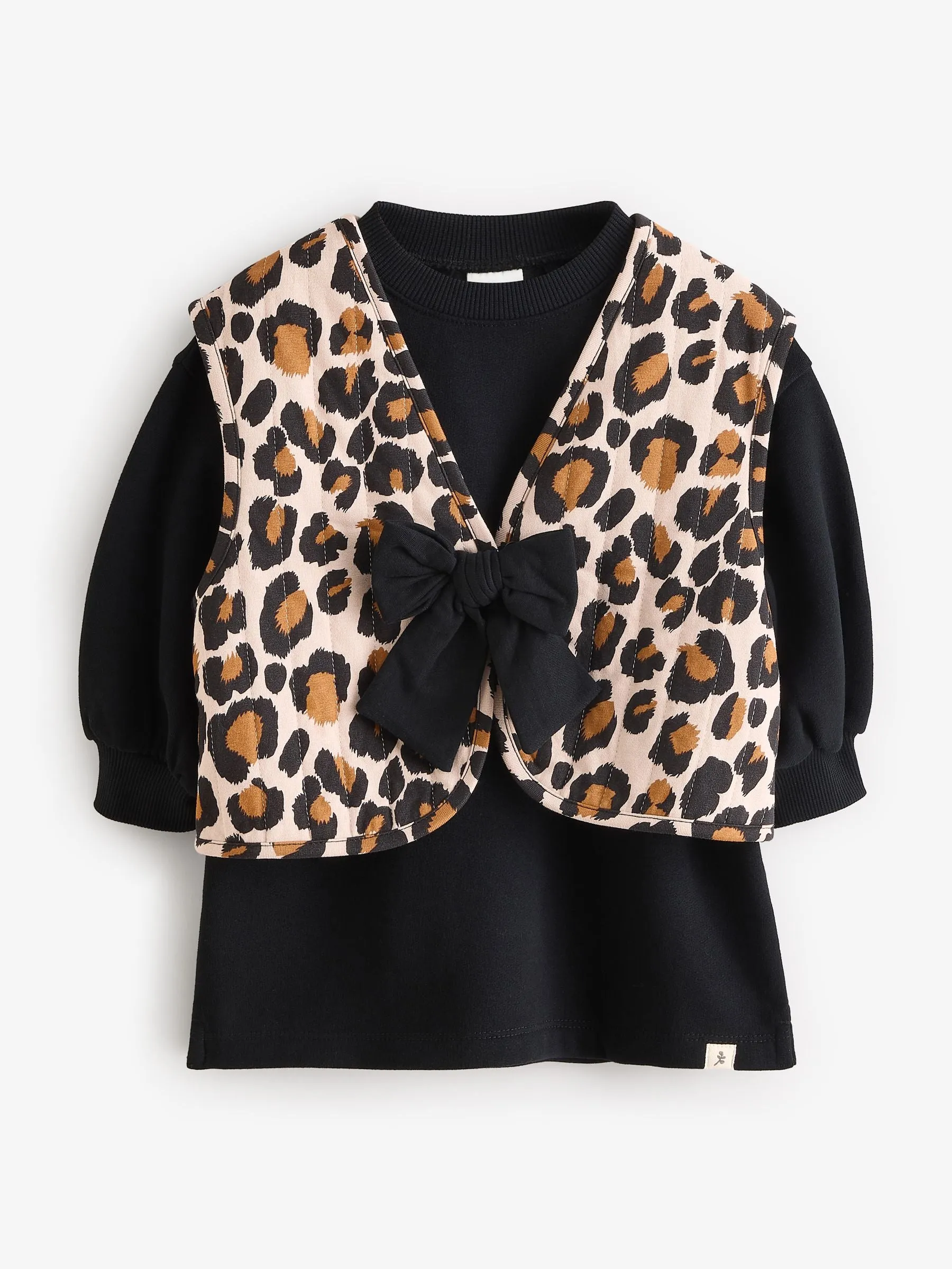 Black / Leopard Print Gilet and Sweat 100% Cotton Dress Set (3mths-7yrs)