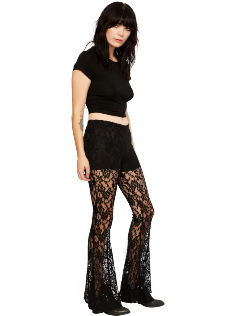 Black Roses Lace Flared Bell Bottom Pants
