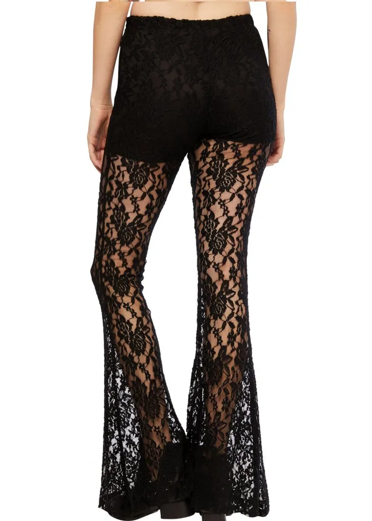 Black Roses Lace Flared Bell Bottom Pants