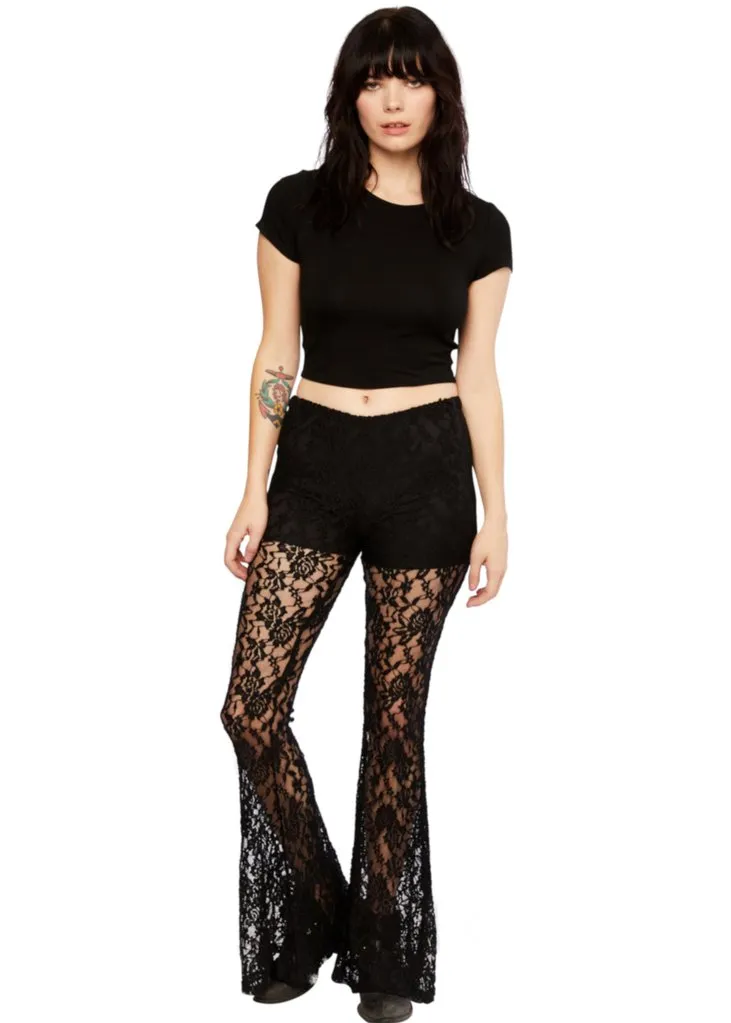 Black Roses Lace Flared Bell Bottom Pants