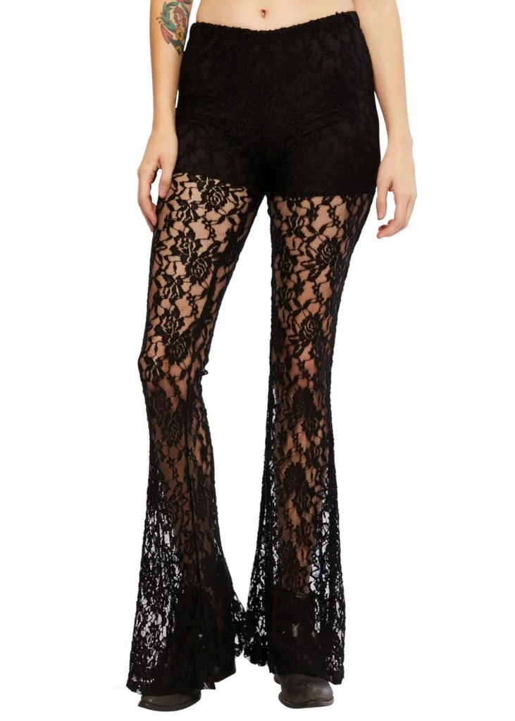 Black Roses Lace Flared Bell Bottom Pants