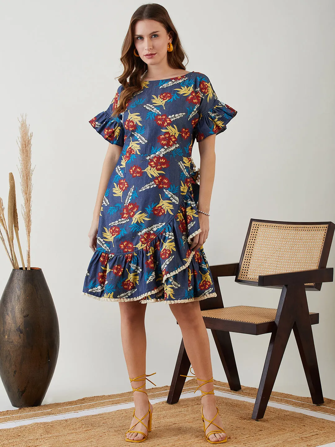 Blue Tropical Bliss Denim Dress