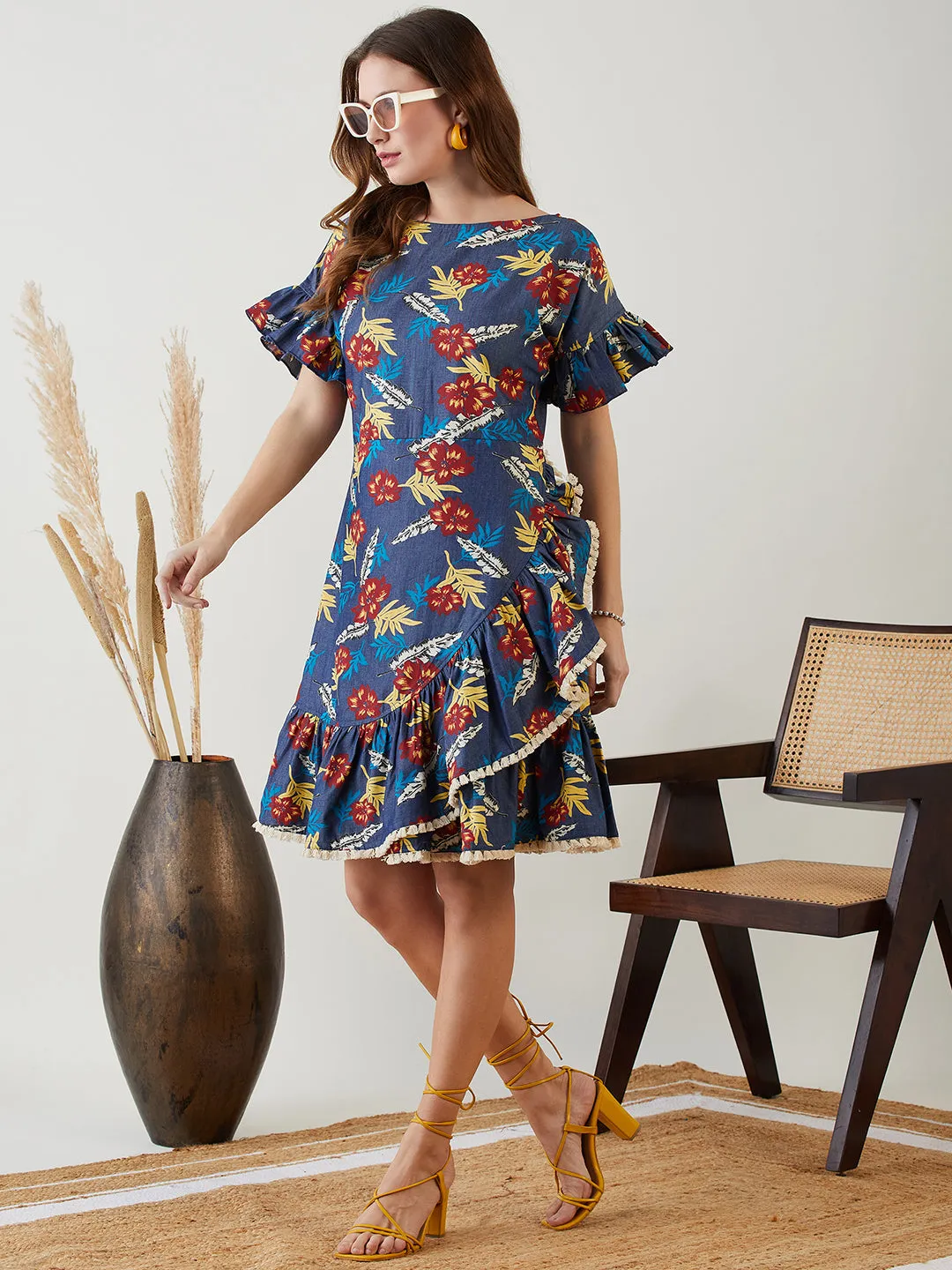 Blue Tropical Bliss Denim Dress