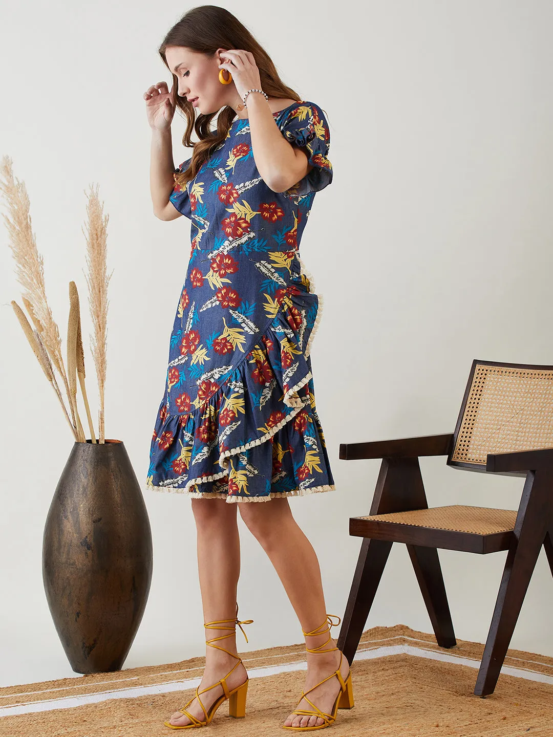 Blue Tropical Bliss Denim Dress