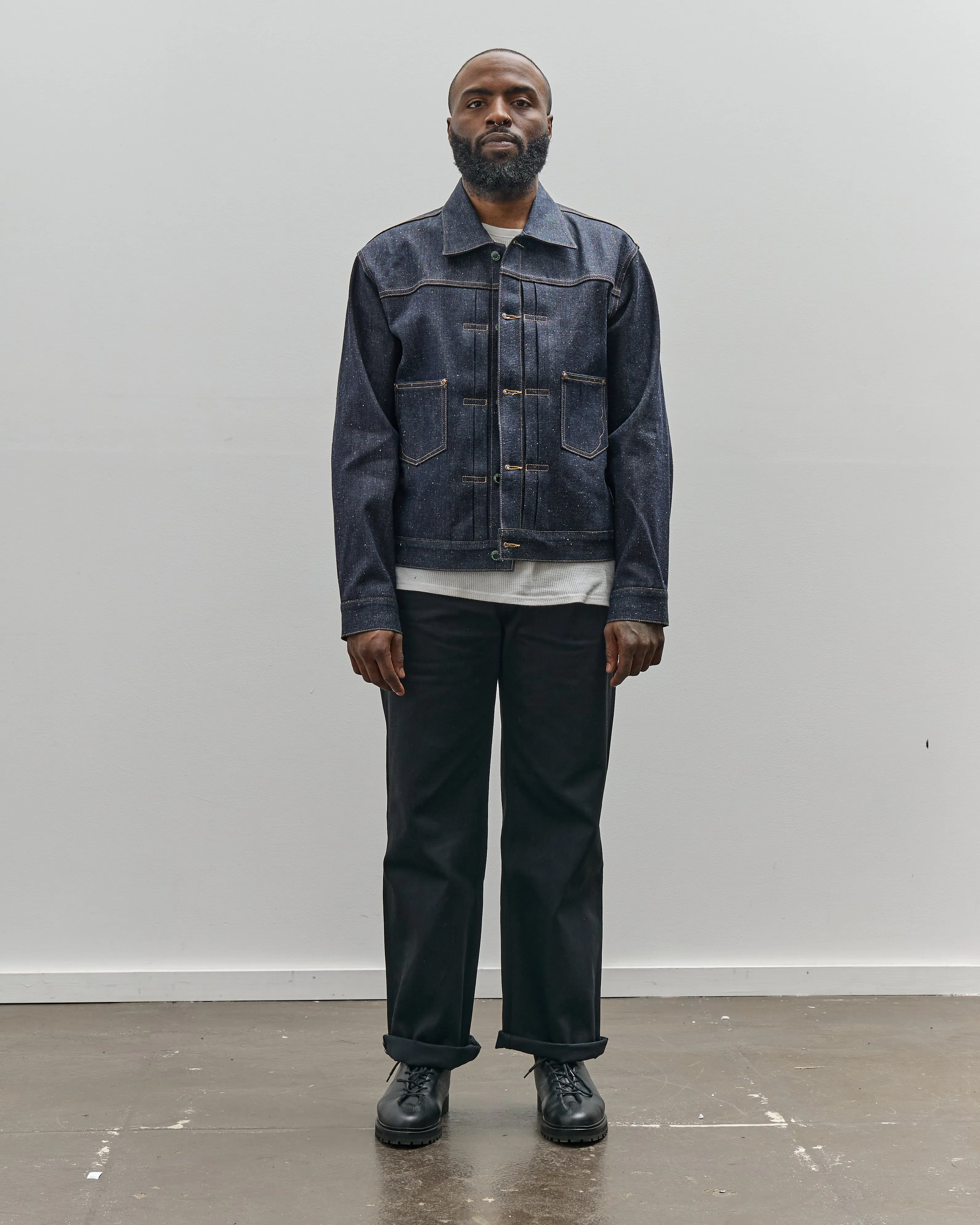 Brain Dead Unisex 14.1oz Selvedge Denim Trucker Jacket, Indigo