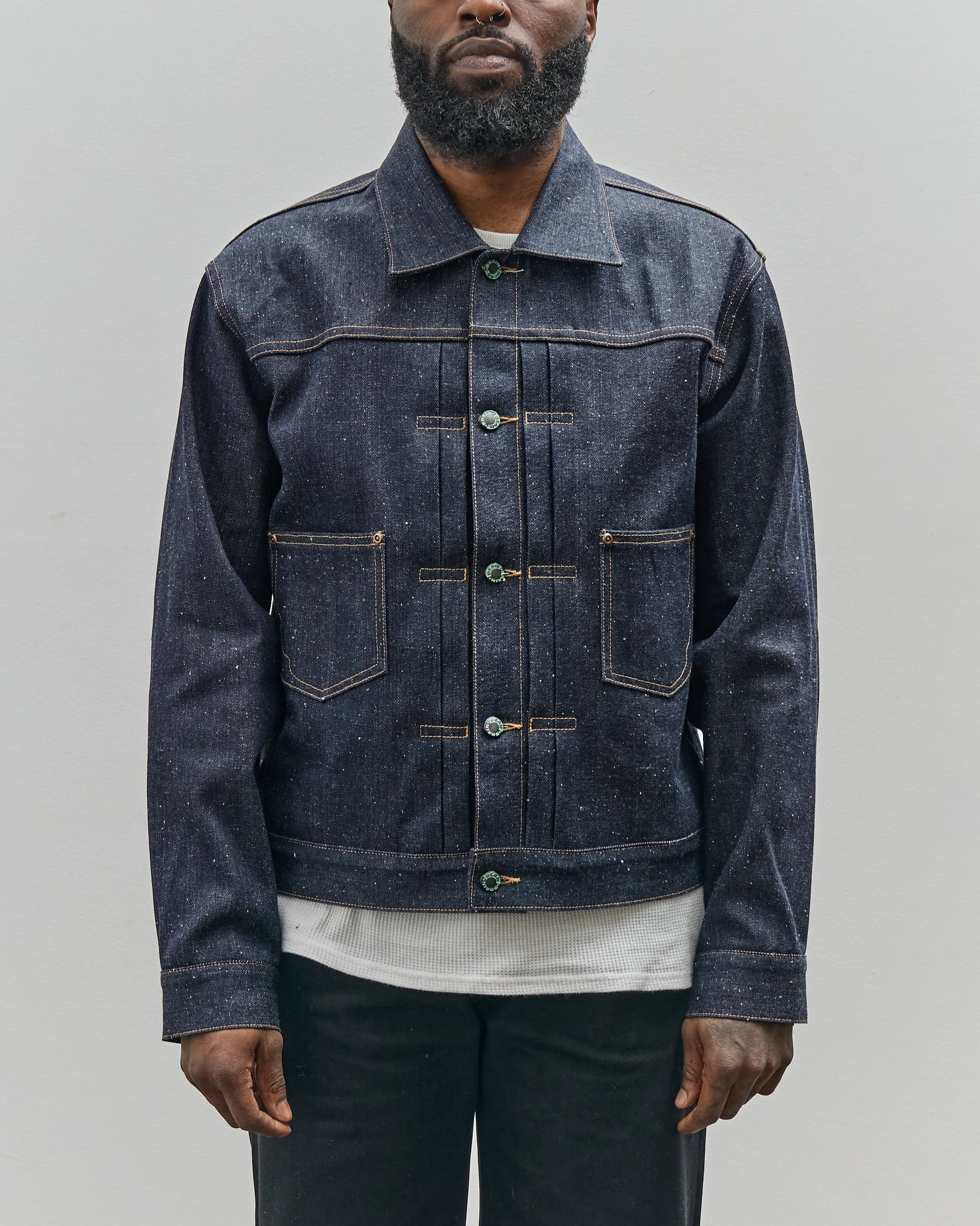 Brain Dead Unisex 14.1oz Selvedge Denim Trucker Jacket, Indigo