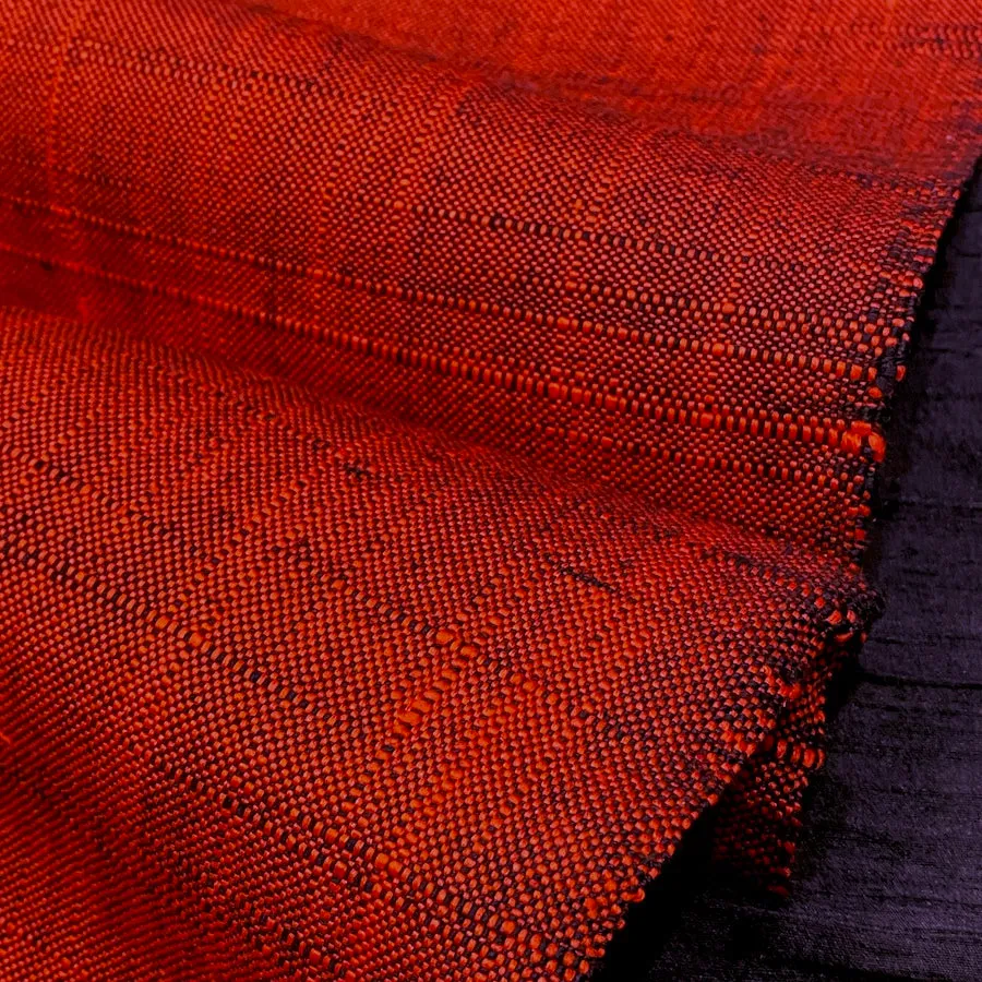 Bright Thick Heavy Slubby Handwoven Crossdye: Tomato Red   Black Vintage Obi Fabric from Japan  #241