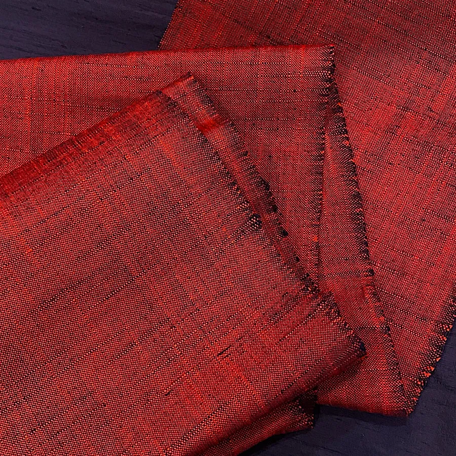 Bright Thick Heavy Slubby Handwoven Crossdye: Tomato Red   Black Vintage Obi Fabric from Japan  #241