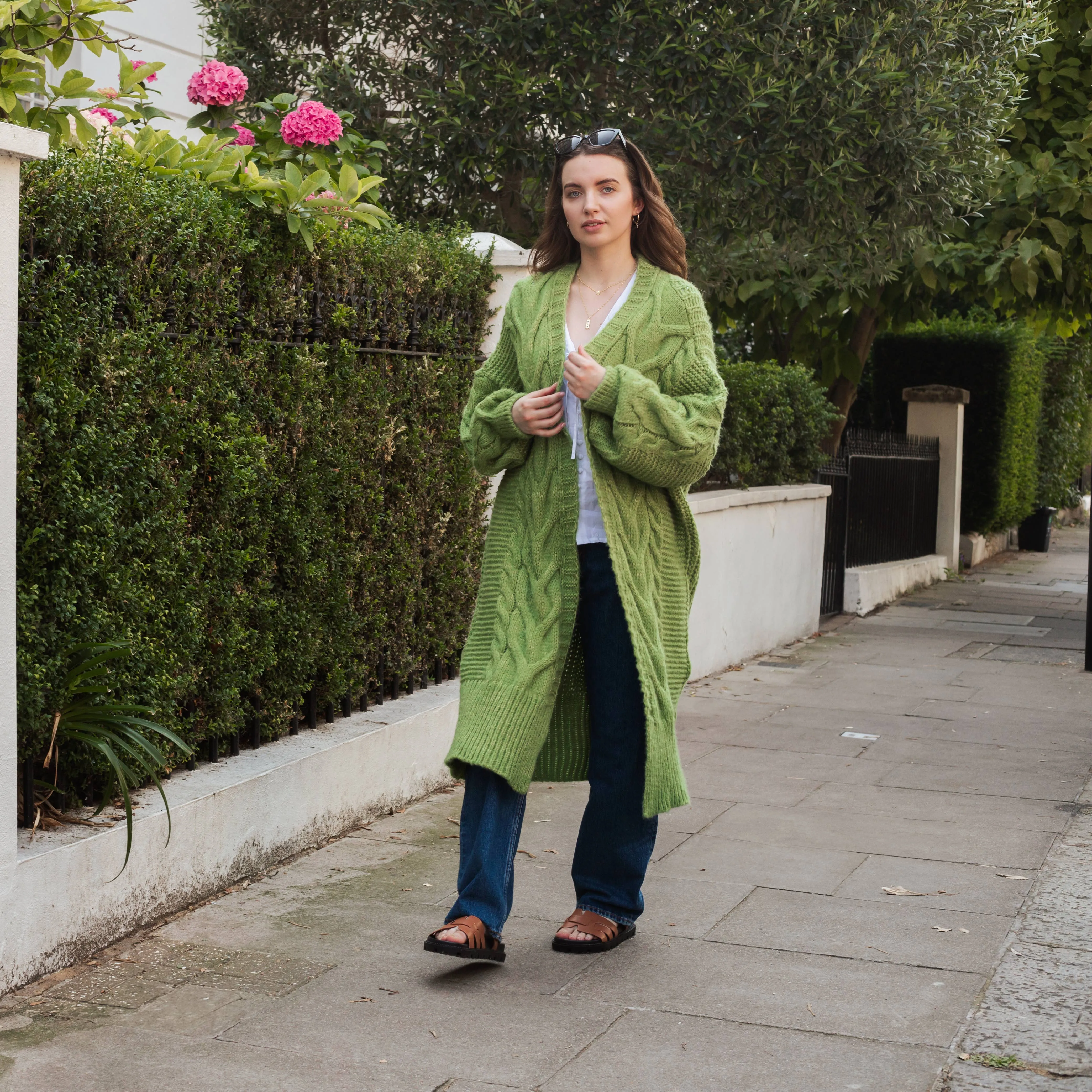Cara & The Sky - Alex Cable Longline Balloon Sleeve Cardigan - Green | Knit