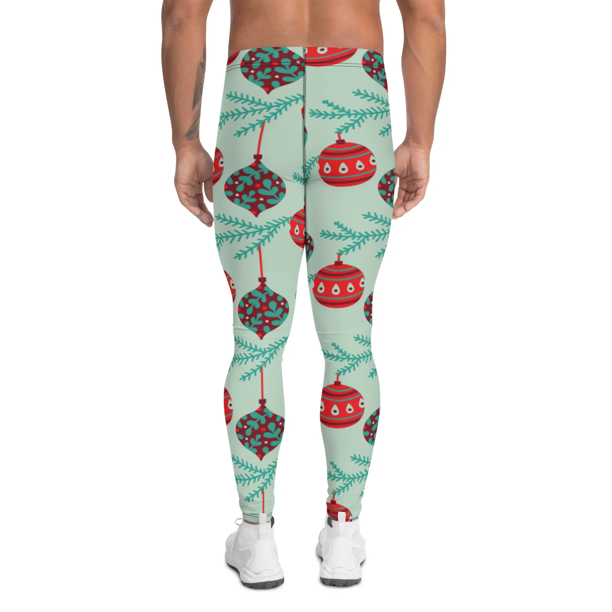 Christmas Ornaments Festive Men's Leggings, Light Green X'mas Tree Ornaments Festive Best Holiday Tights For Men - Made in USA/EU/MX