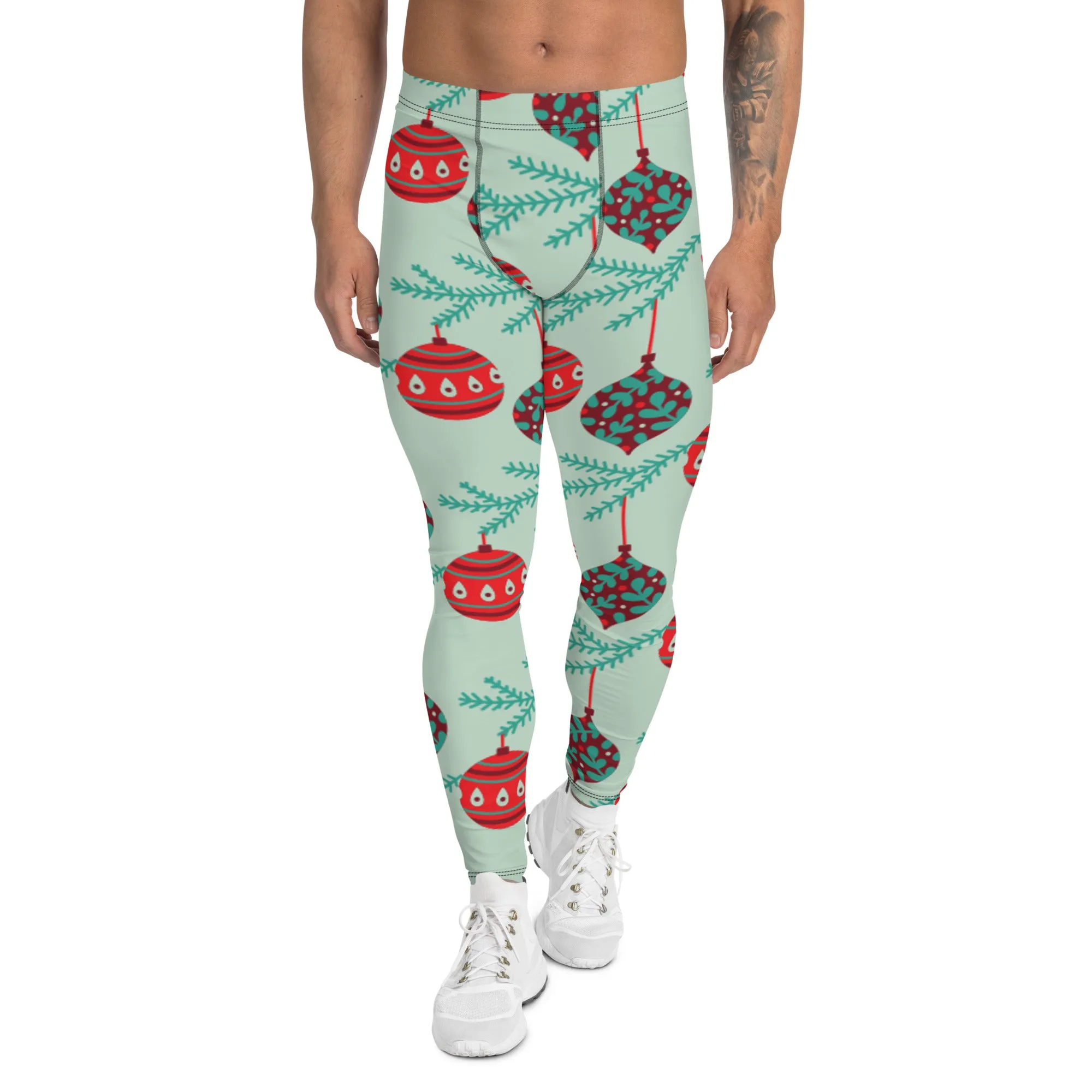 Christmas Ornaments Festive Men's Leggings, Light Green X'mas Tree Ornaments Festive Best Holiday Tights For Men - Made in USA/EU/MX