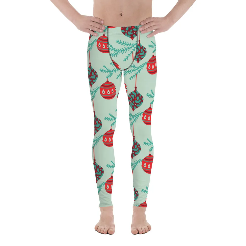 Christmas Ornaments Festive Men's Leggings, Light Green X'mas Tree Ornaments Festive Best Holiday Tights For Men - Made in USA/EU/MX