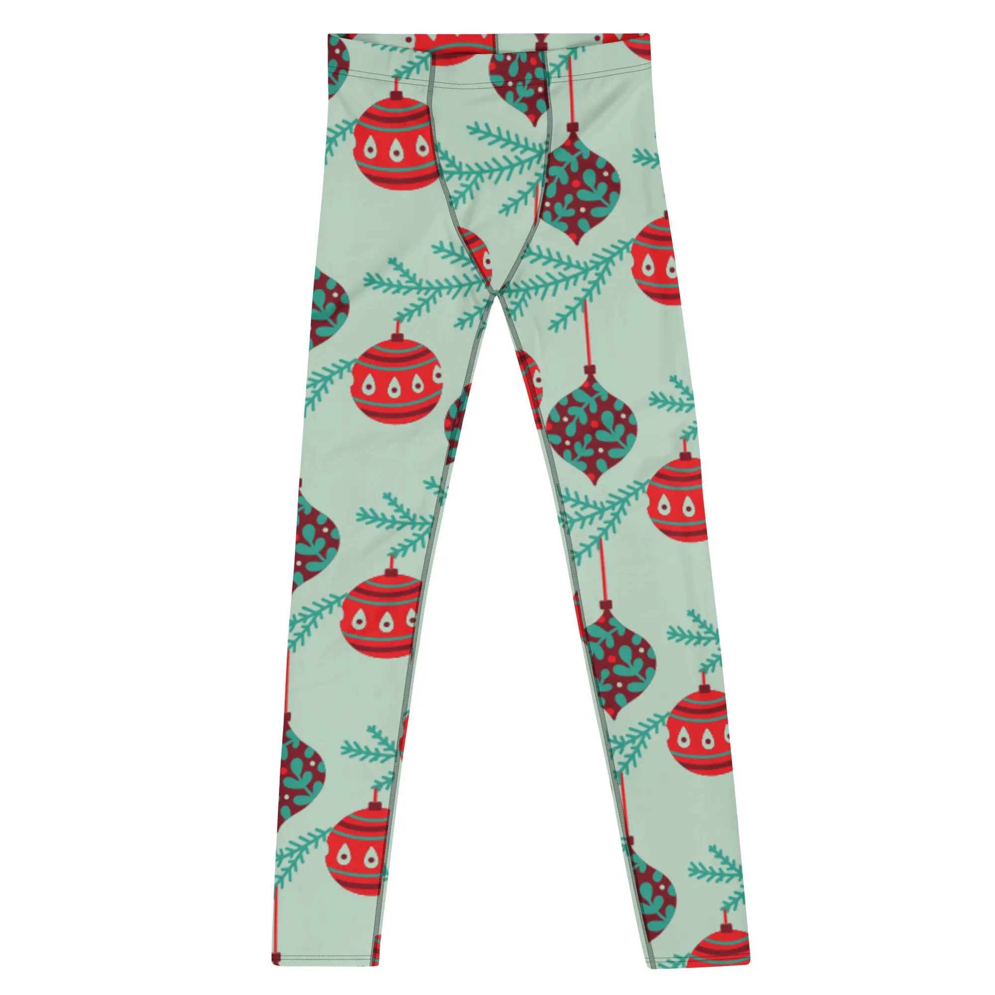 Christmas Ornaments Festive Men's Leggings, Light Green X'mas Tree Ornaments Festive Best Holiday Tights For Men - Made in USA/EU/MX