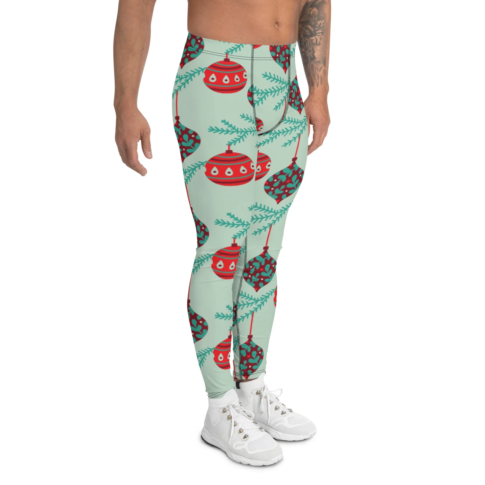 Christmas Ornaments Festive Men's Leggings, Light Green X'mas Tree Ornaments Festive Best Holiday Tights For Men - Made in USA/EU/MX