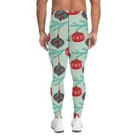 Christmas Ornaments Festive Men's Leggings, Light Green X'mas Tree Ornaments Festive Best Holiday Tights For Men - Made in USA/EU/MX