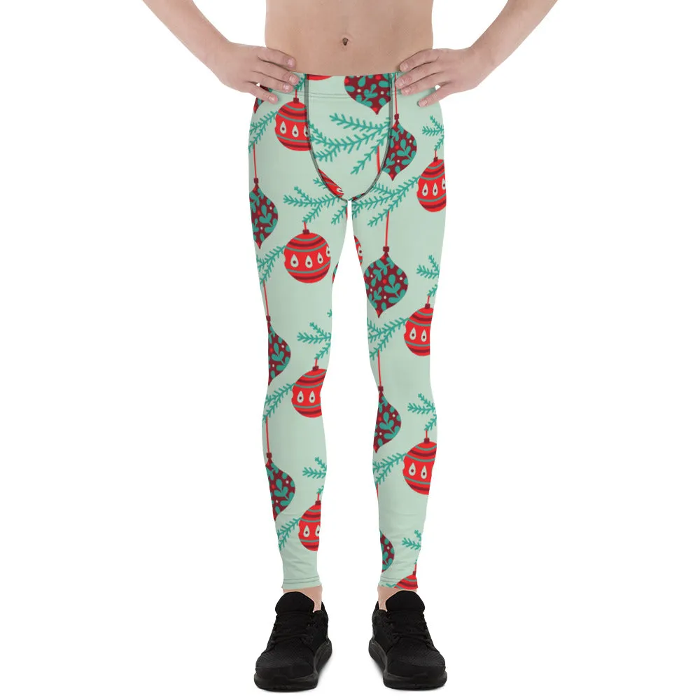Christmas Ornaments Festive Men's Leggings, Light Green X'mas Tree Ornaments Festive Best Holiday Tights For Men - Made in USA/EU/MX